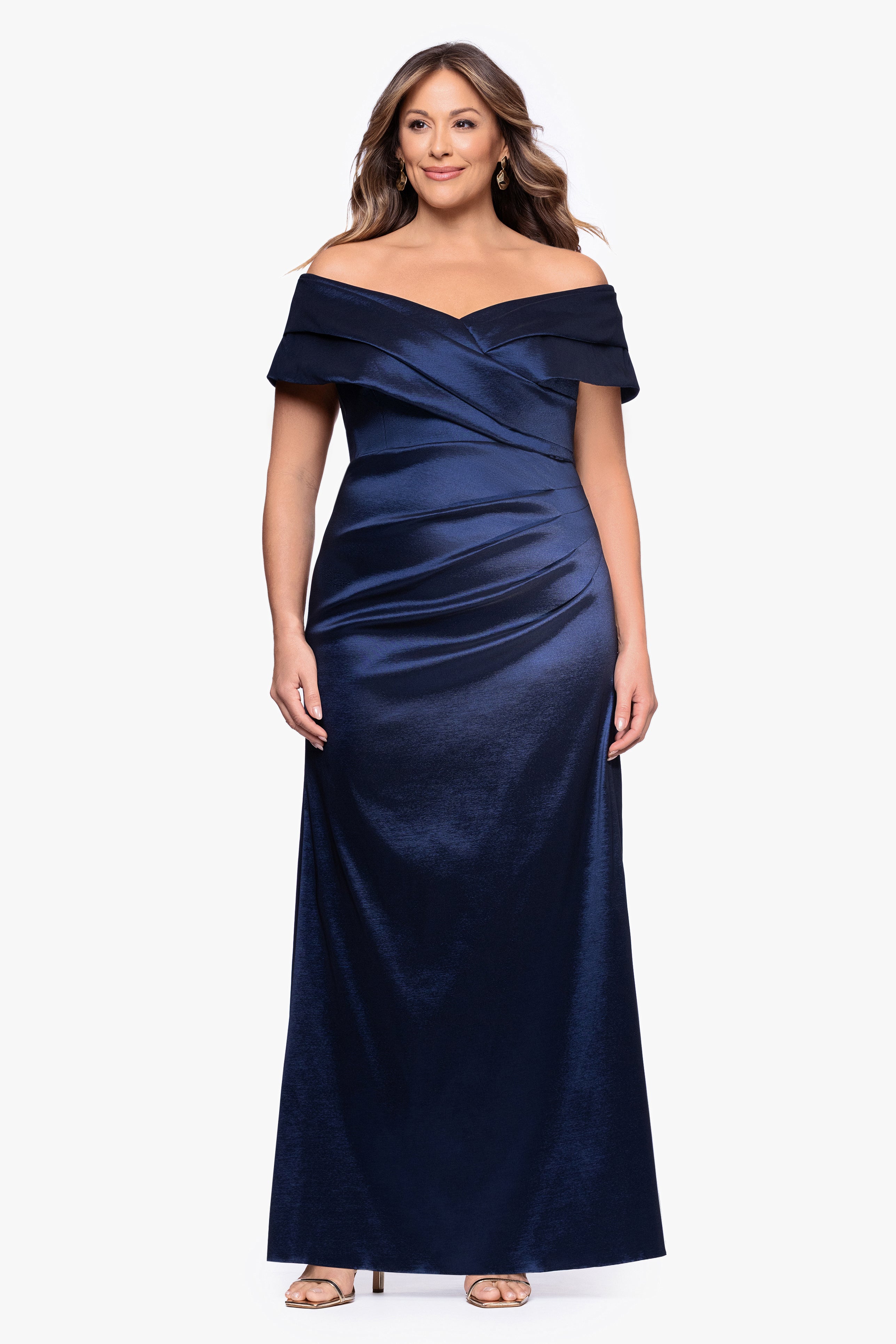 Plus "Raquel" Taffeta Off the Shoulder Floor Length Dress