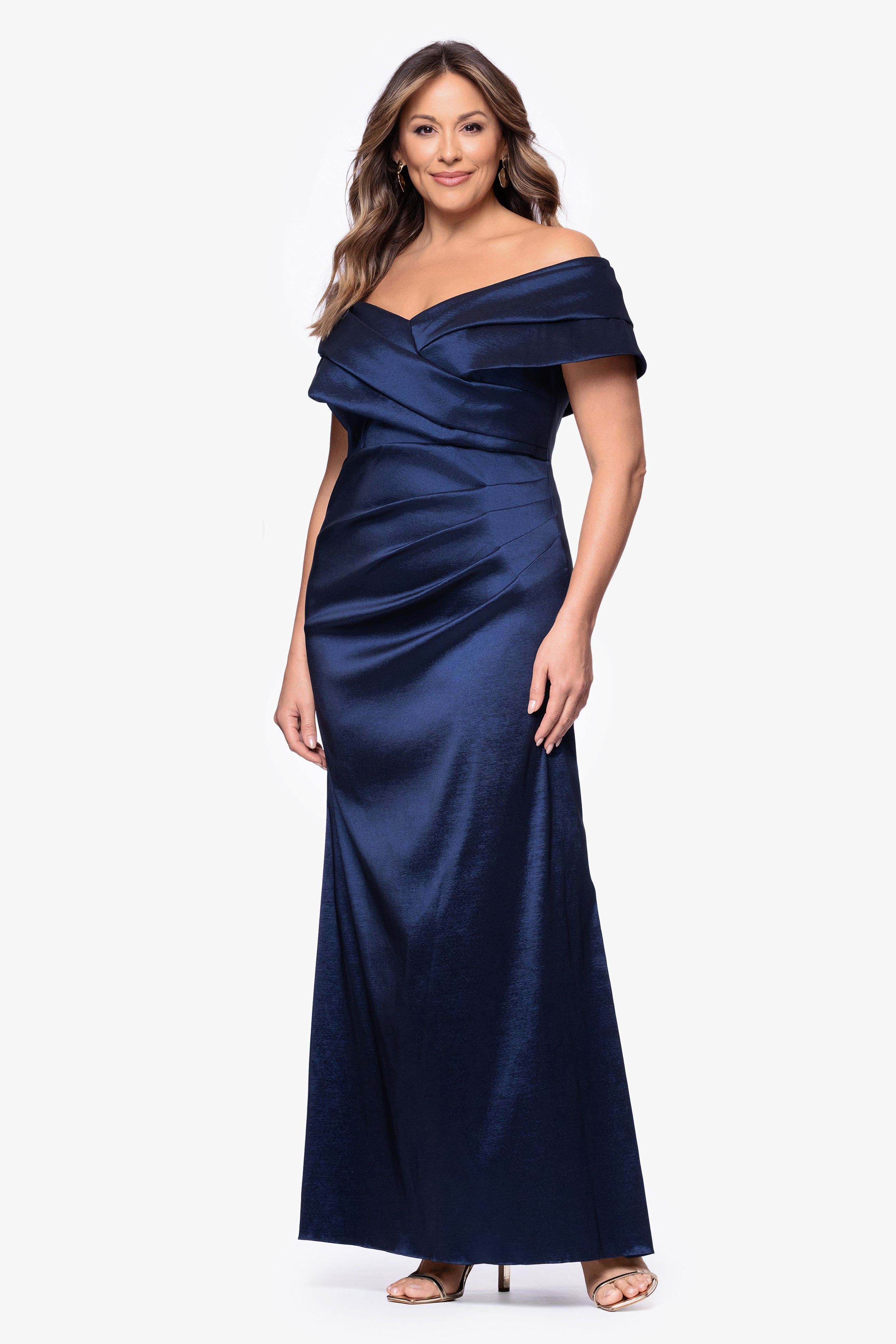 Plus "Raquel" Taffeta Off the Shoulder Floor Length Dress