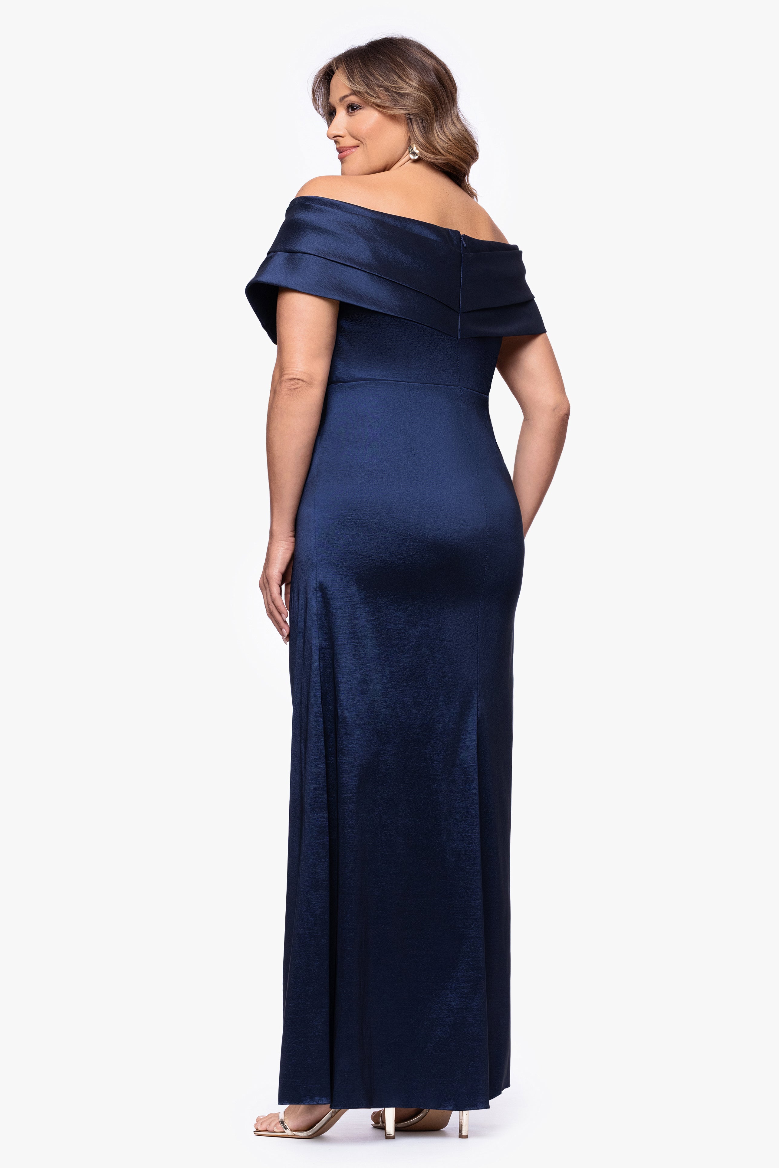 Plus "Raquel" Taffeta Off the Shoulder Floor Length Dress