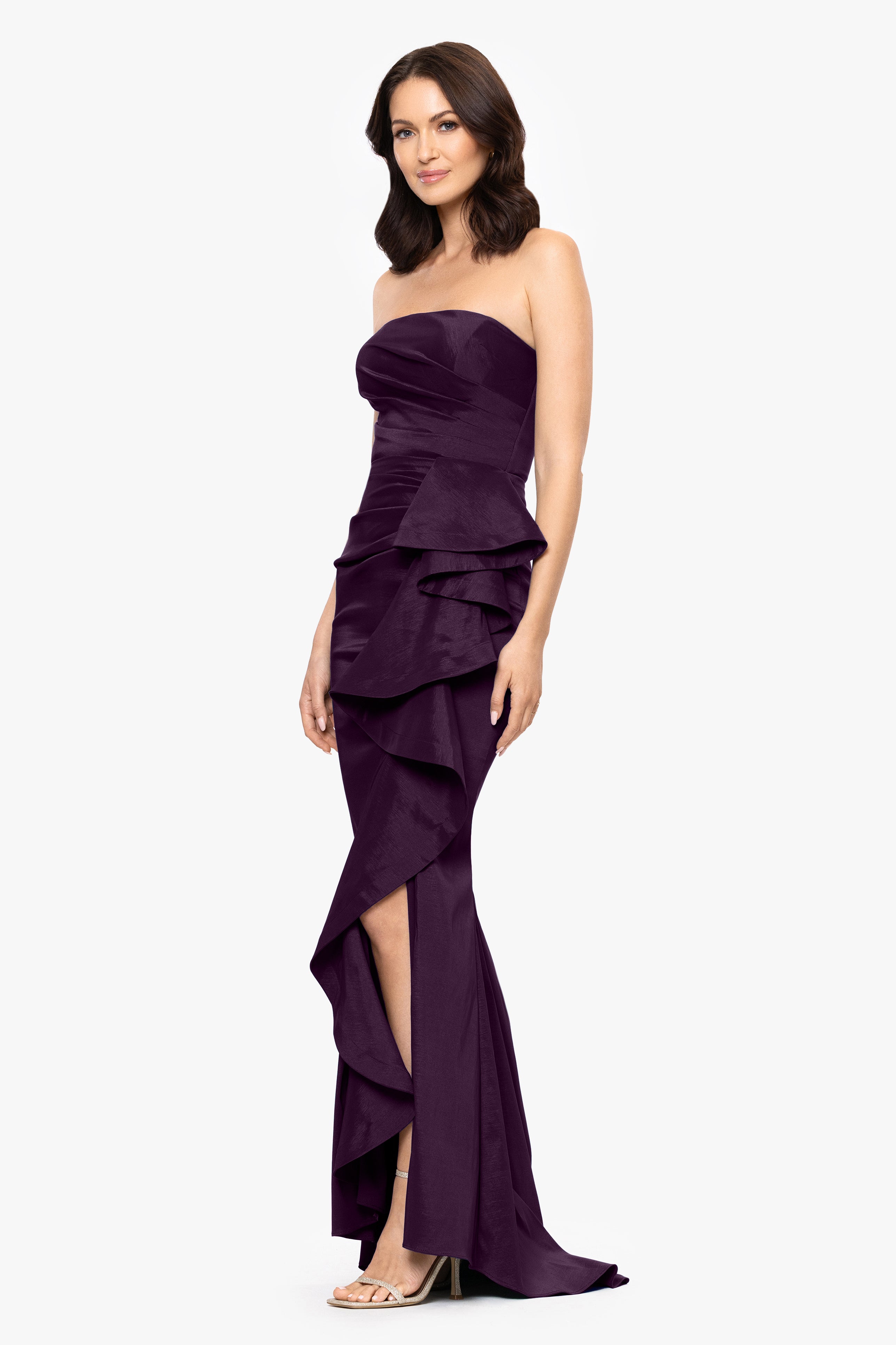 "Rowan" Taffeta Strapless Ruffle Floor Length Dress