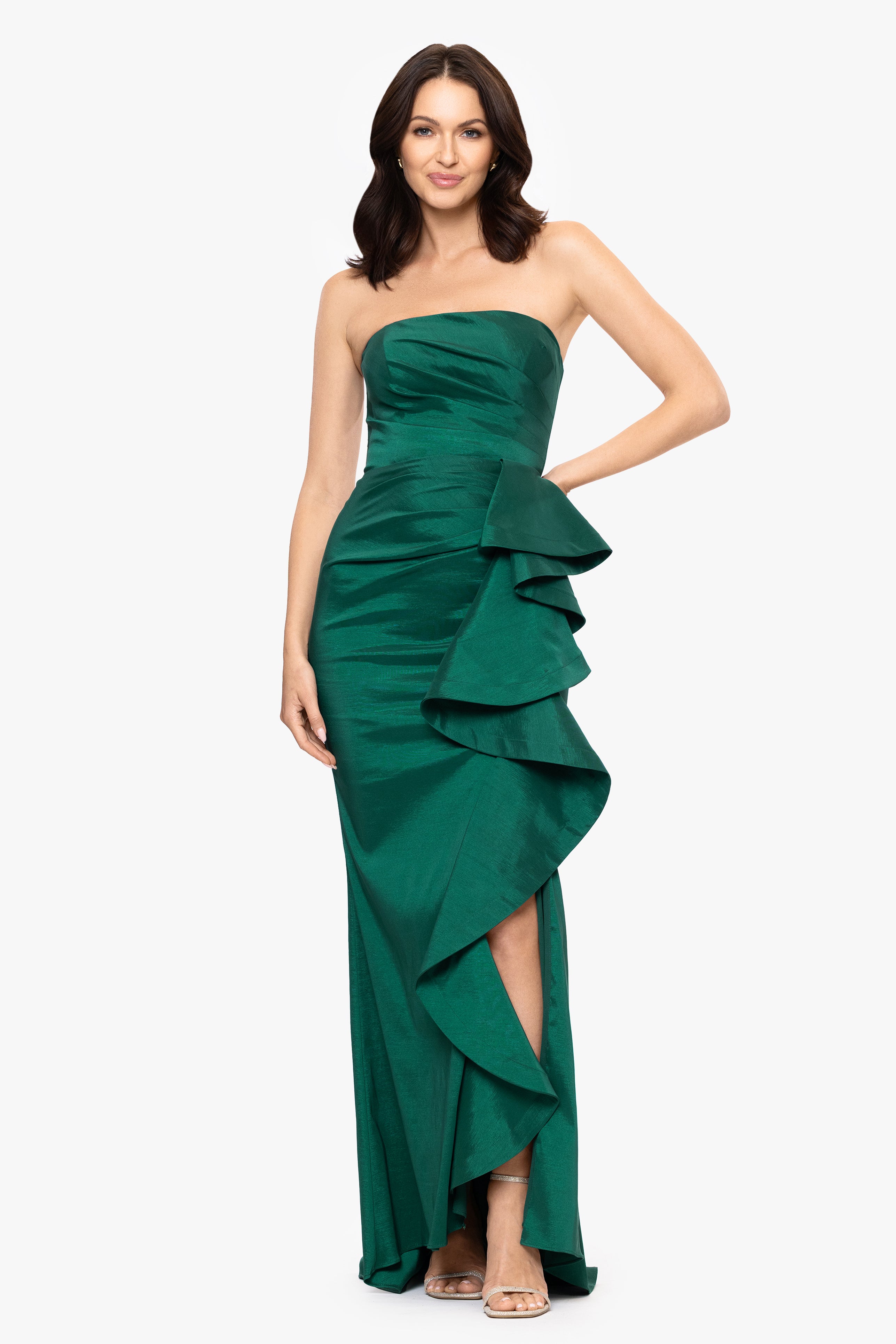 "Rowan" Taffeta Strapless Ruffle Floor Length Dress