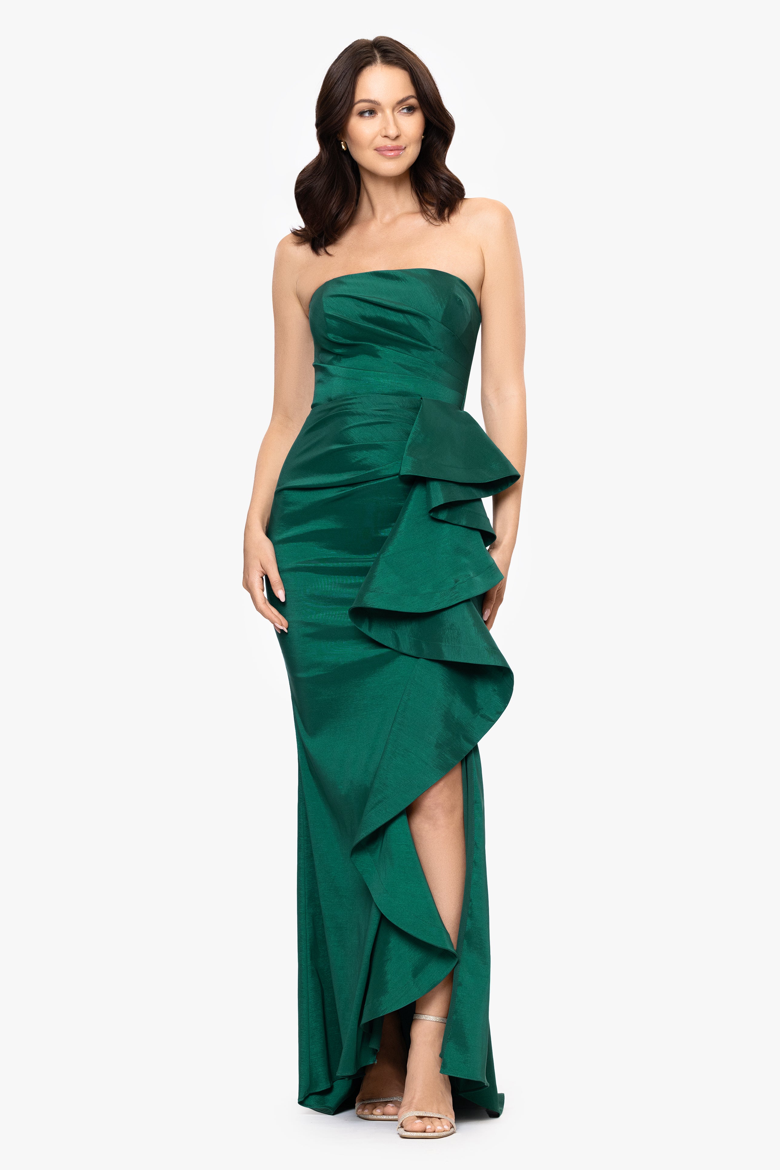 "Rowan" Taffeta Strapless Ruffle Floor Length Dress