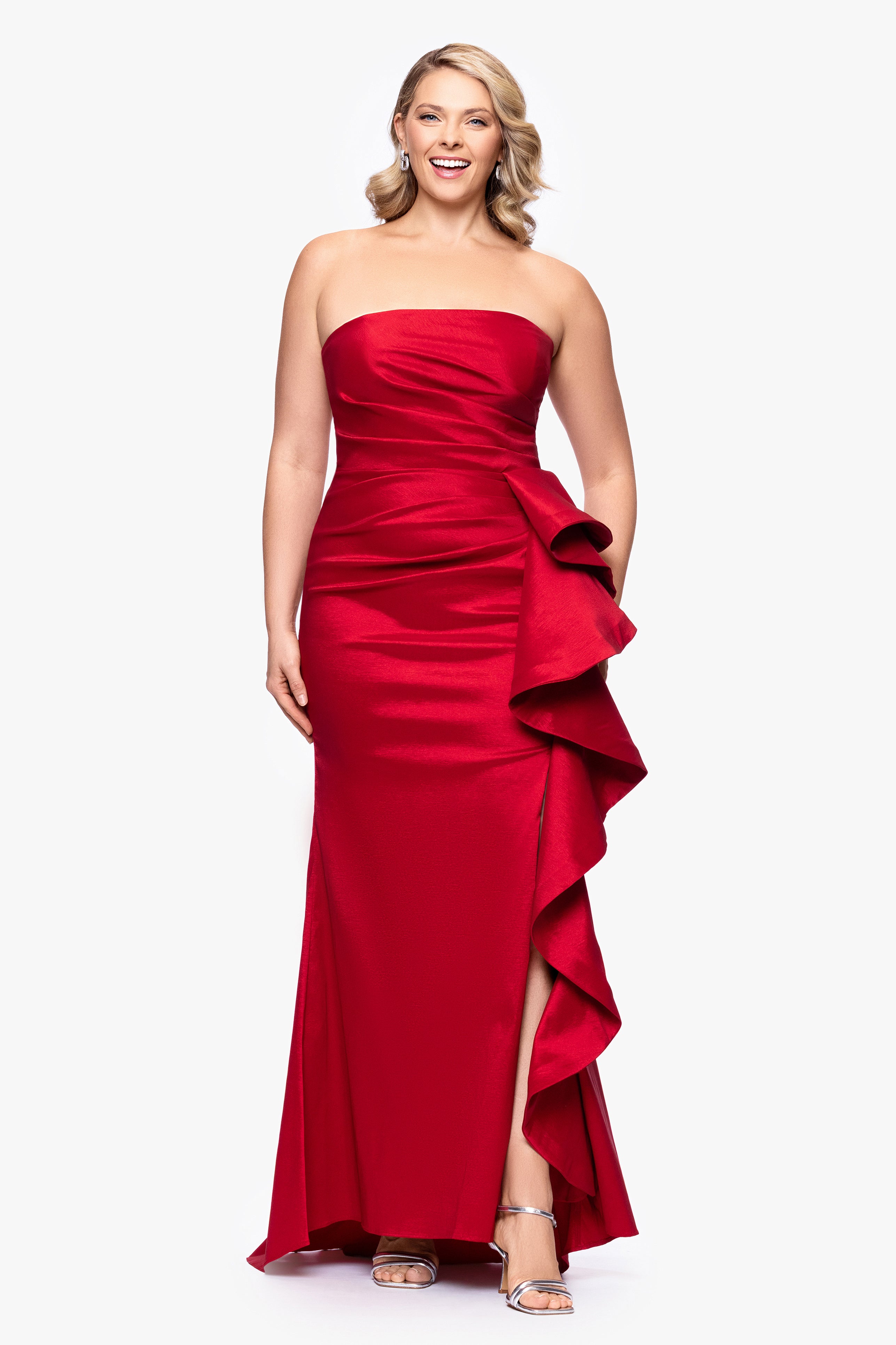 "Rowan" Taffeta Strapless Ruffle Floor Length Dress