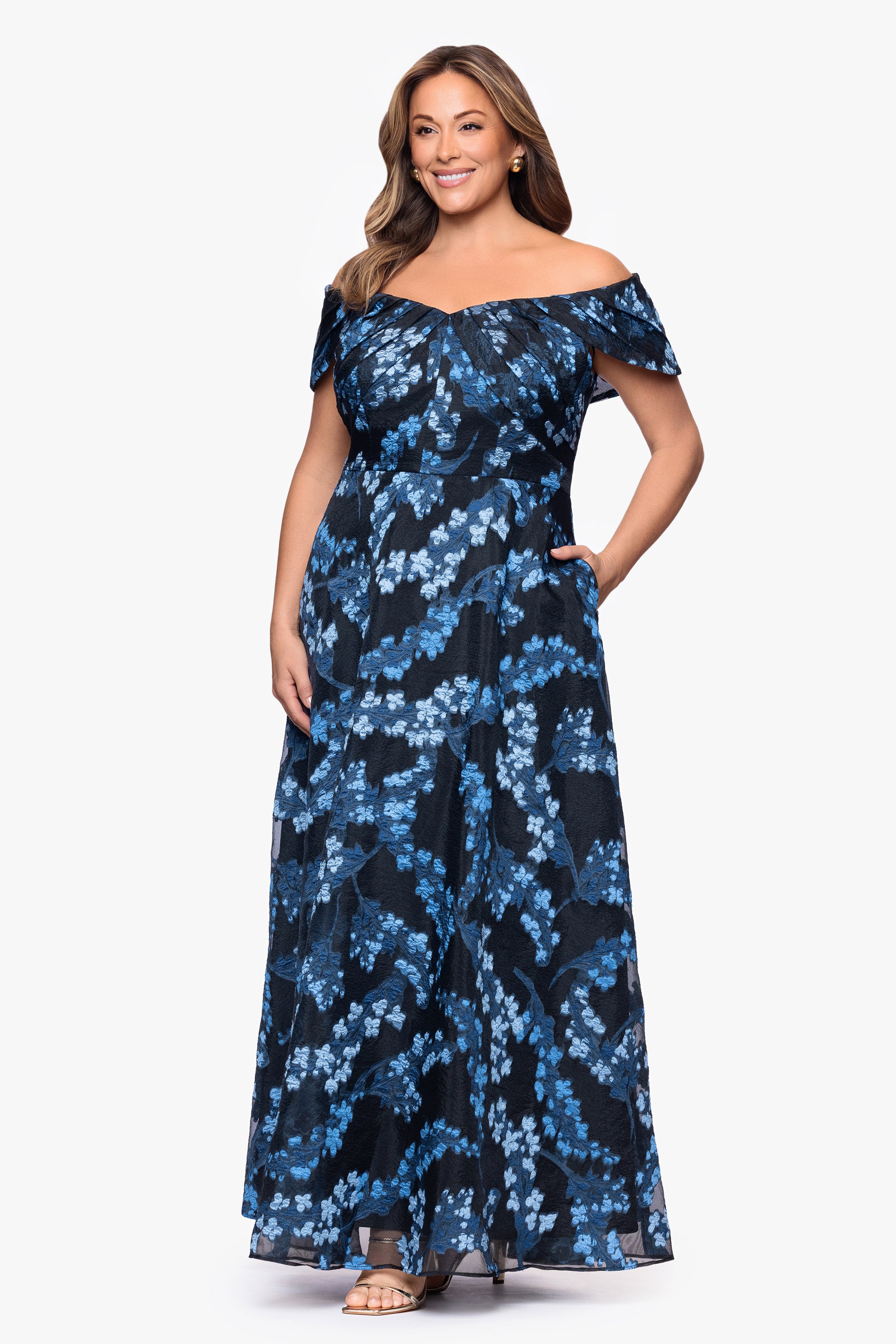 Plus "Amaira" Organza Brocade Off the Shoulder Floor Length Dress