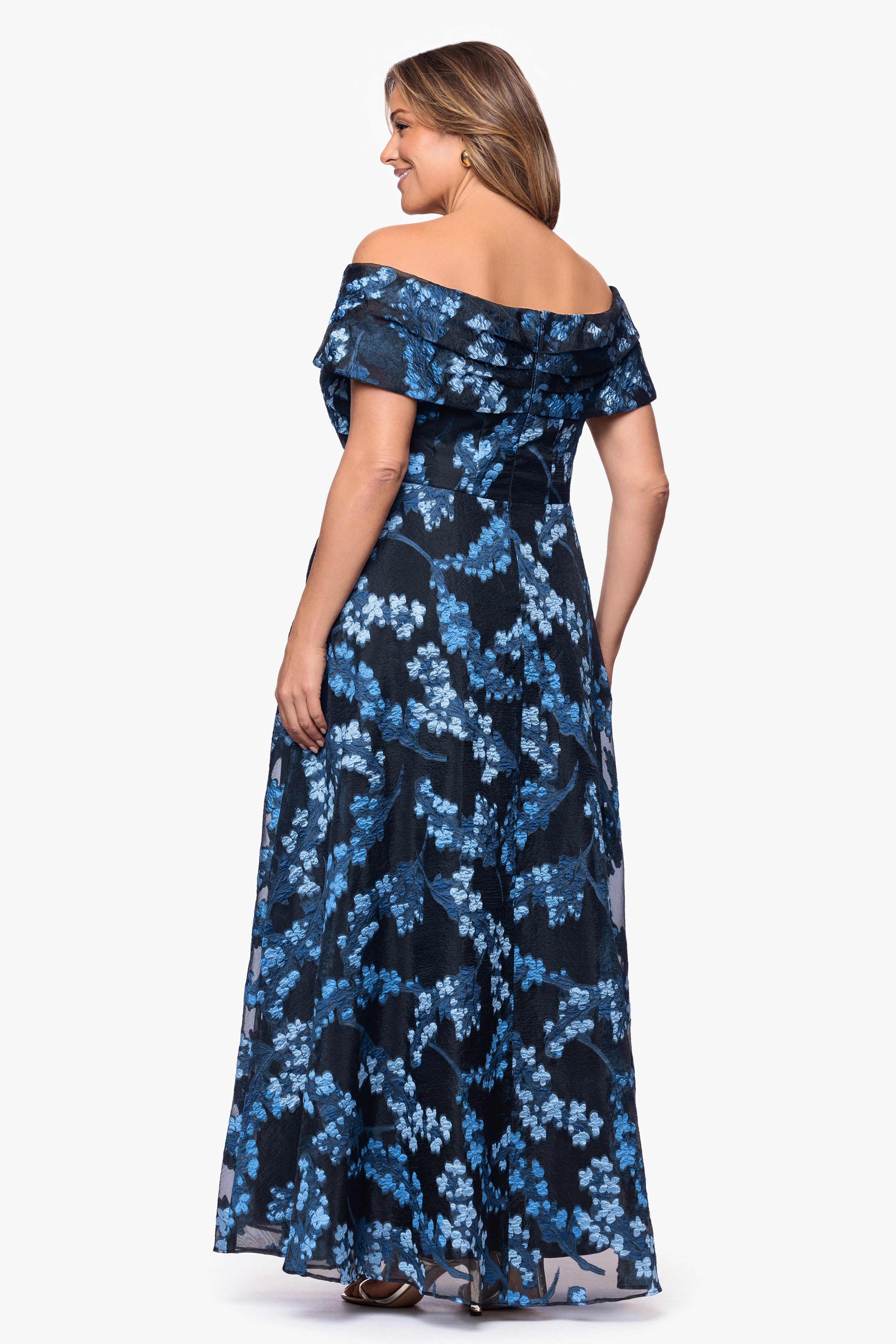 Plus "Amaira" Organza Brocade Off the Shoulder Floor Length Dress