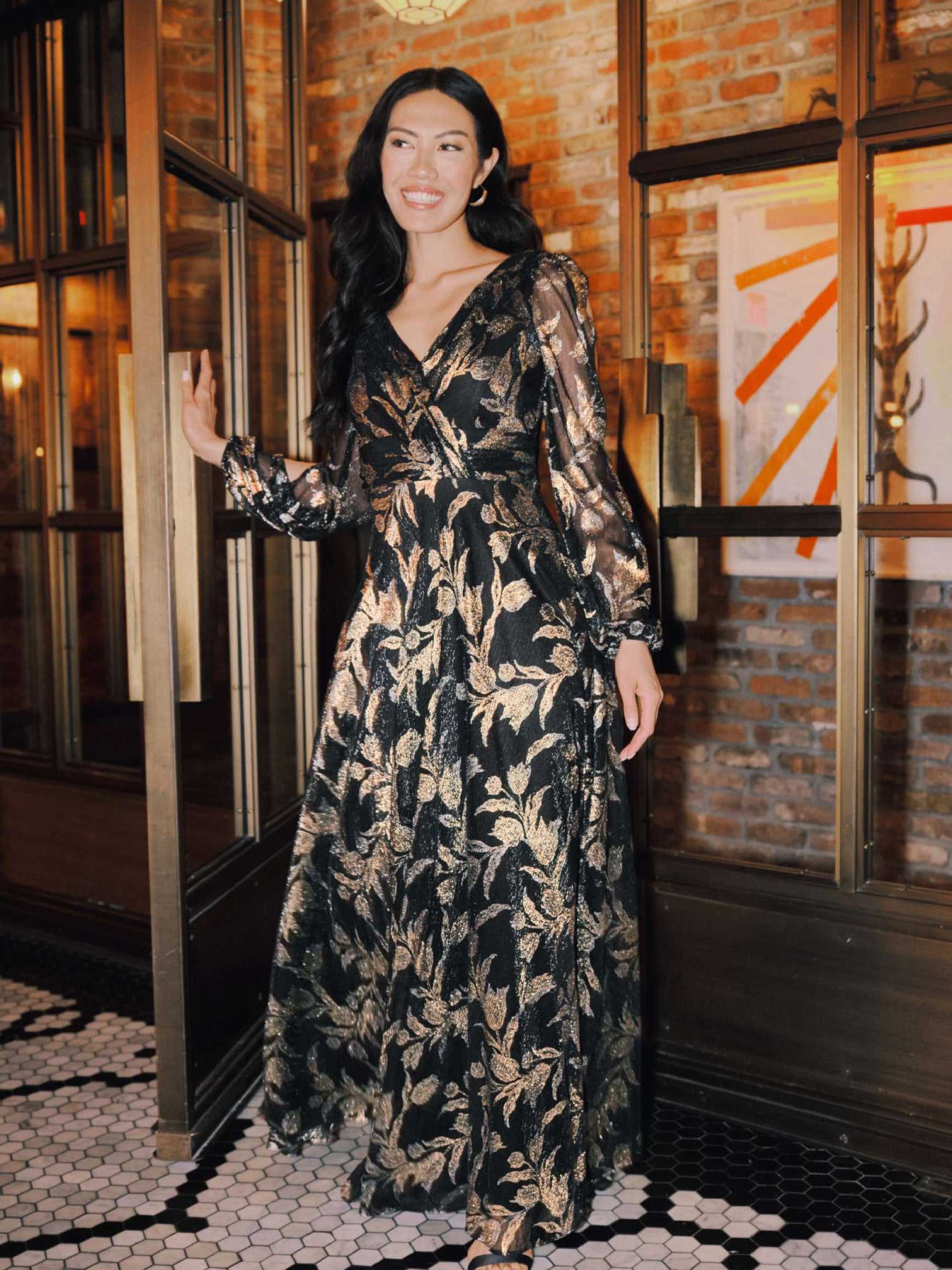 "Elisabeth" Foil Print V-Neck Long Sleeve Floor Length Dress