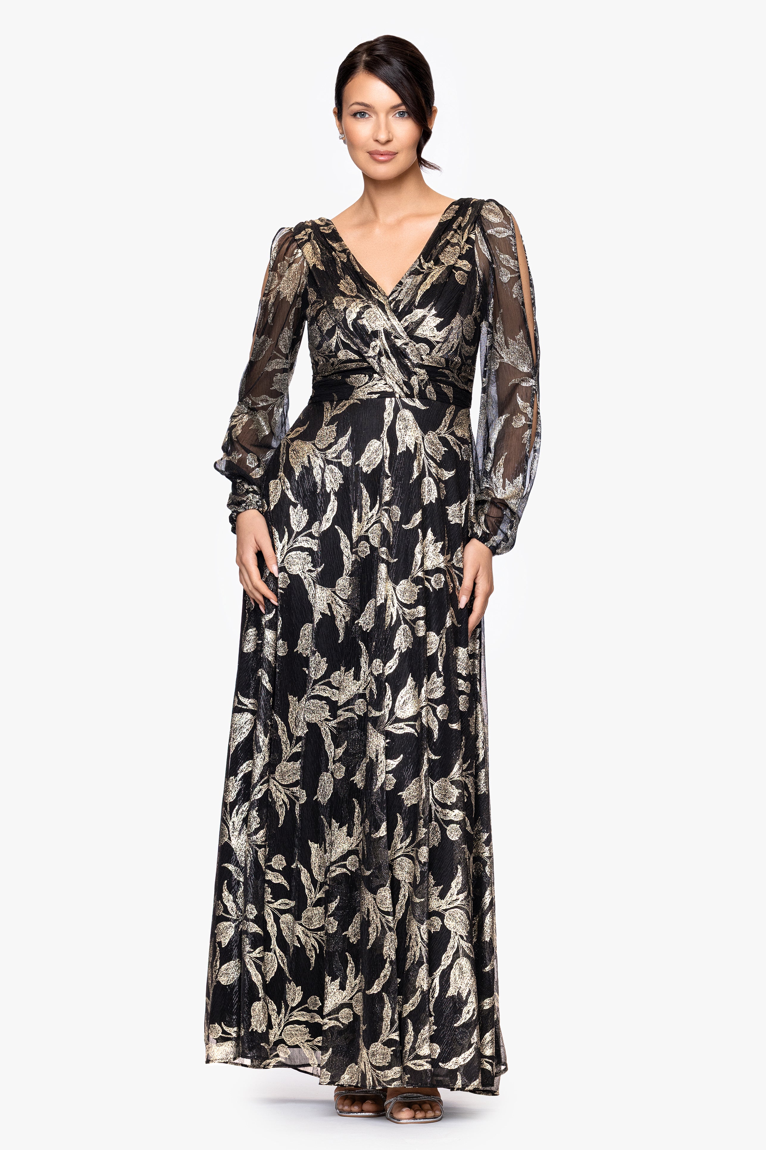 "Elisabeth" Foil Print V-Neck Long Sleeve Floor Length Dress