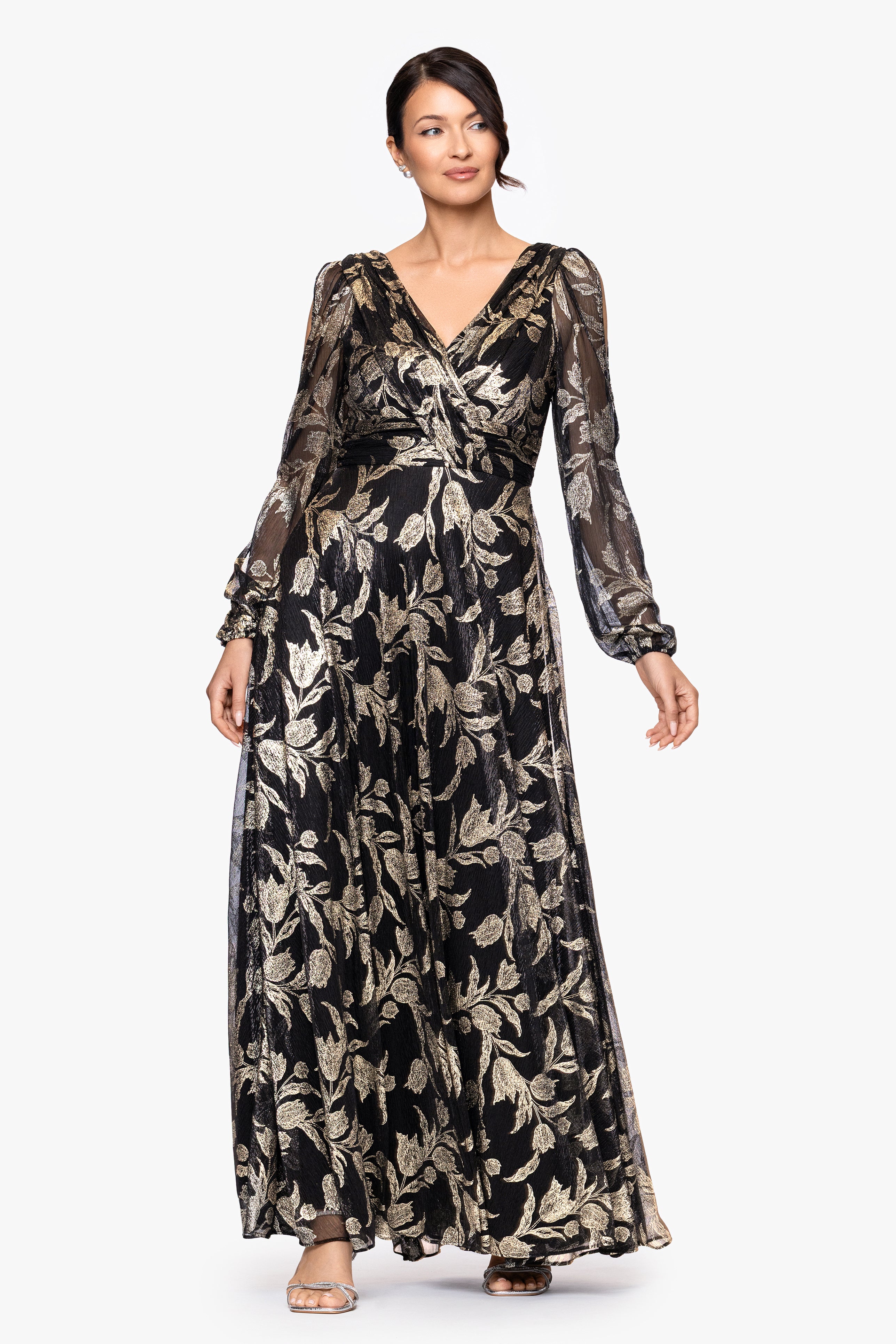 "Elisabeth" Foil Print V-Neck Long Sleeve Floor Length Dress