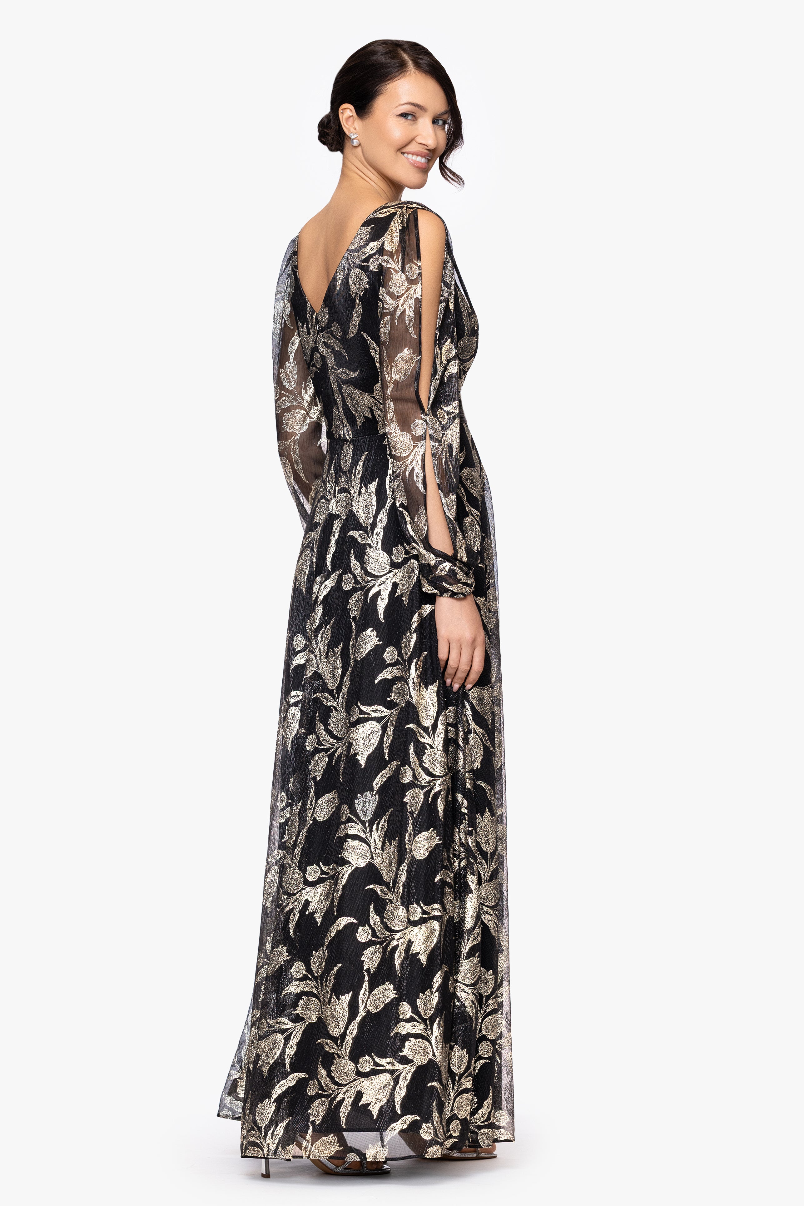 "Elisabeth" Foil Print V-Neck Long Sleeve Floor Length Dress
