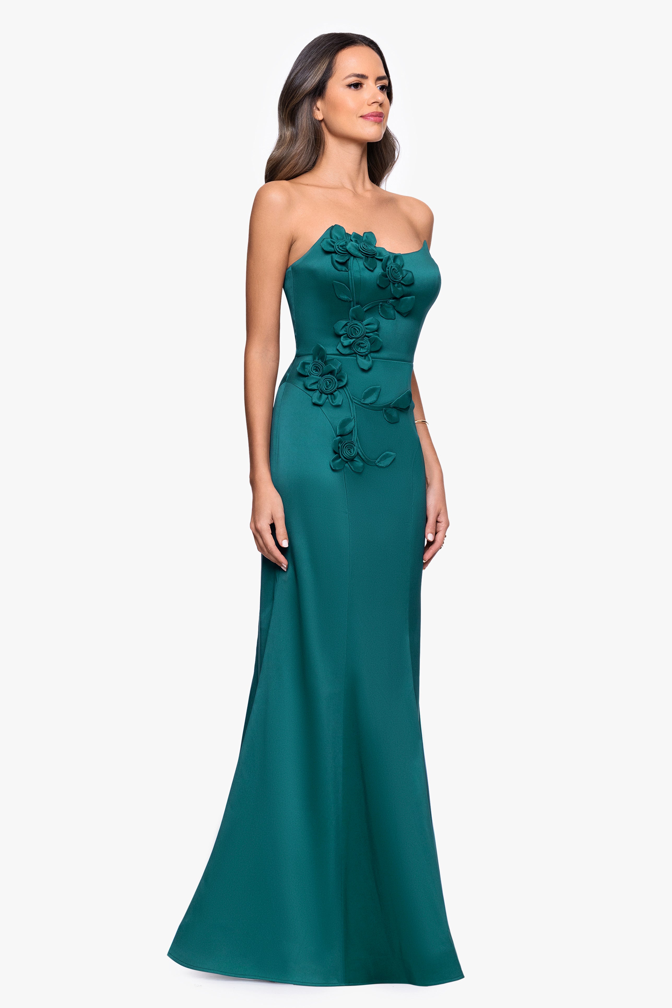 "Nadia" Mikado Strapless Flower Embellished Floor Length Dress
