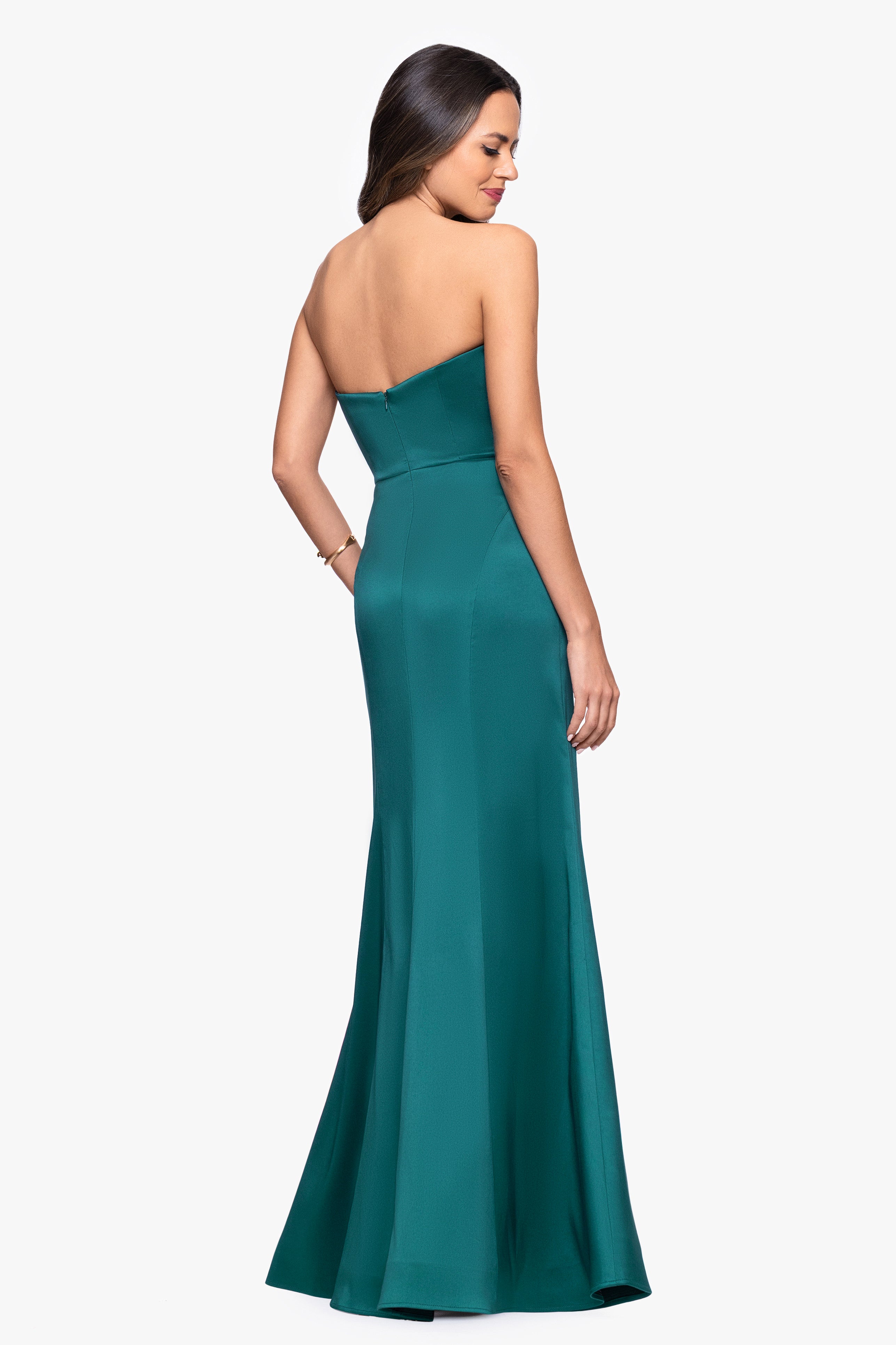 "Nadia" Mikado Strapless Flower Embellished Floor Length Dress