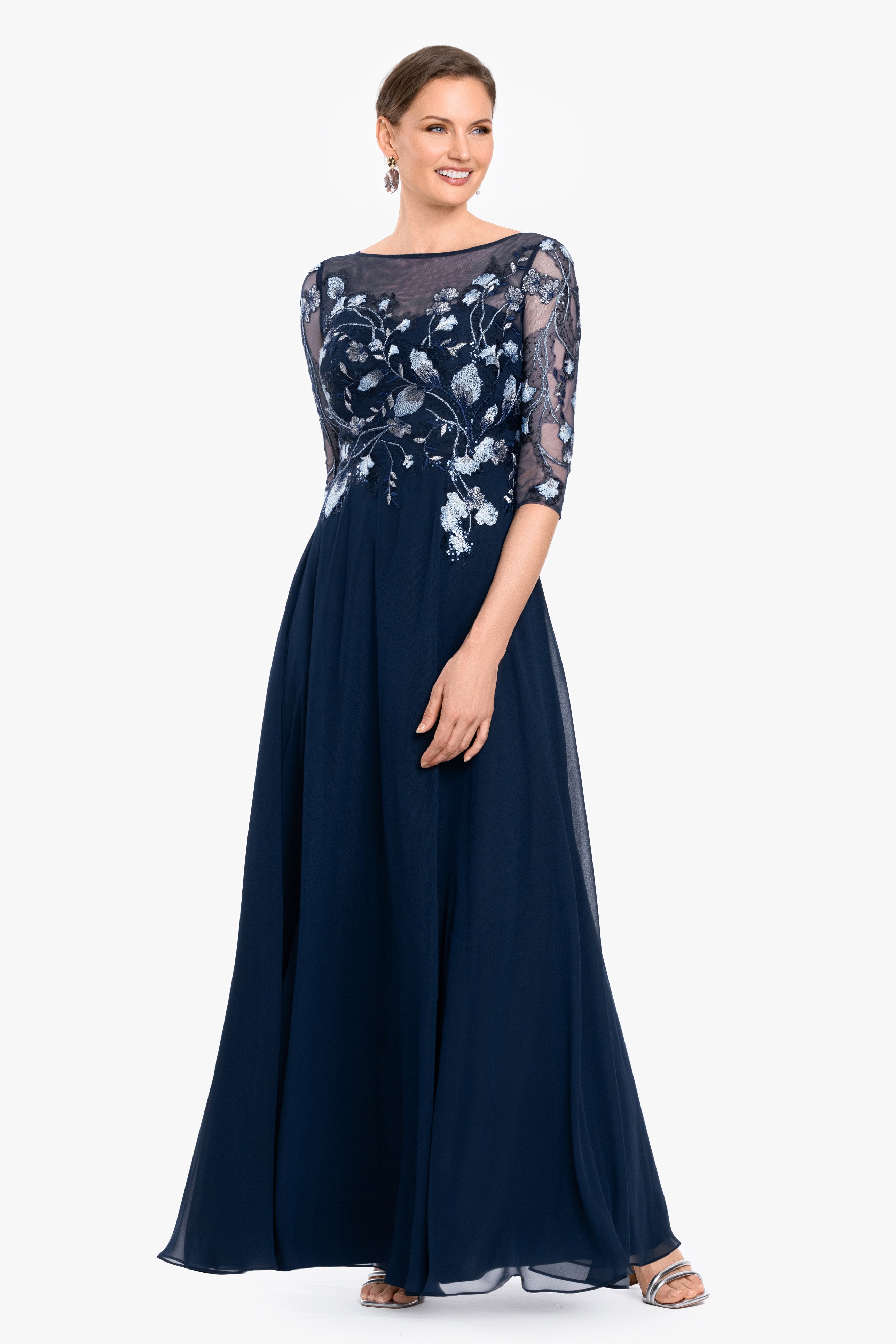 Petite "Isabella" Embroidered Chiffon Long Sleeve Long Dress