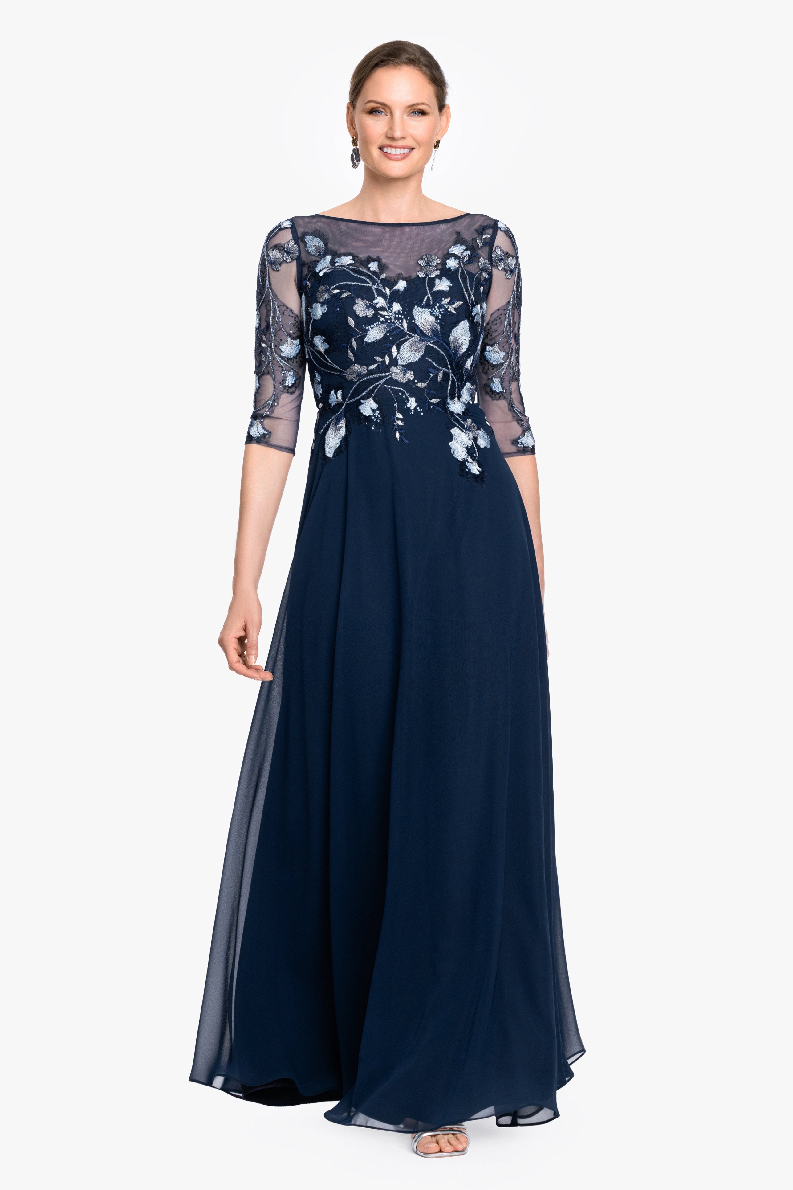 Petite "Isabella" Embroidered Chiffon Long Sleeve Long Dress