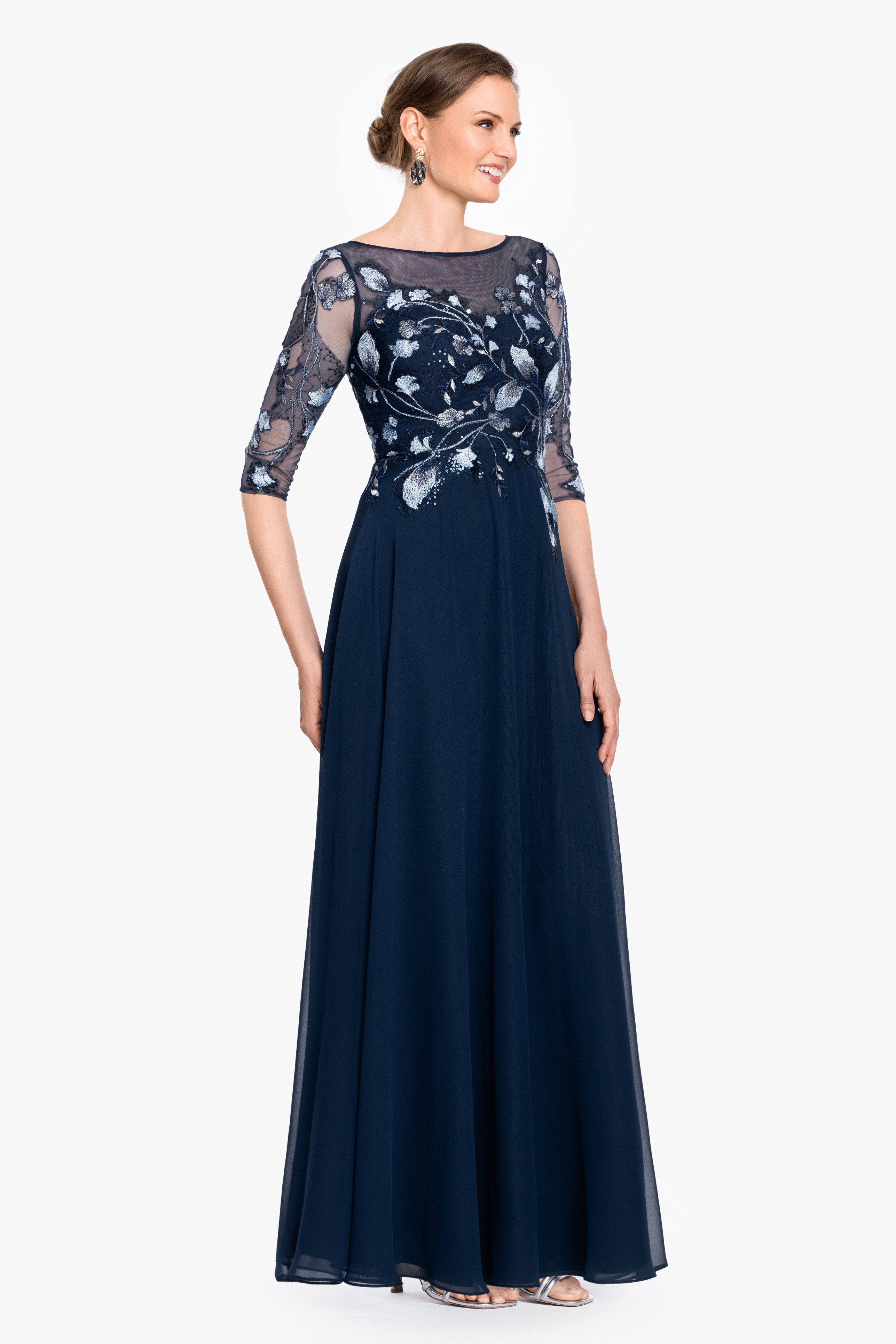 Petite "Isabella" Embroidered Chiffon Long Sleeve Long Dress