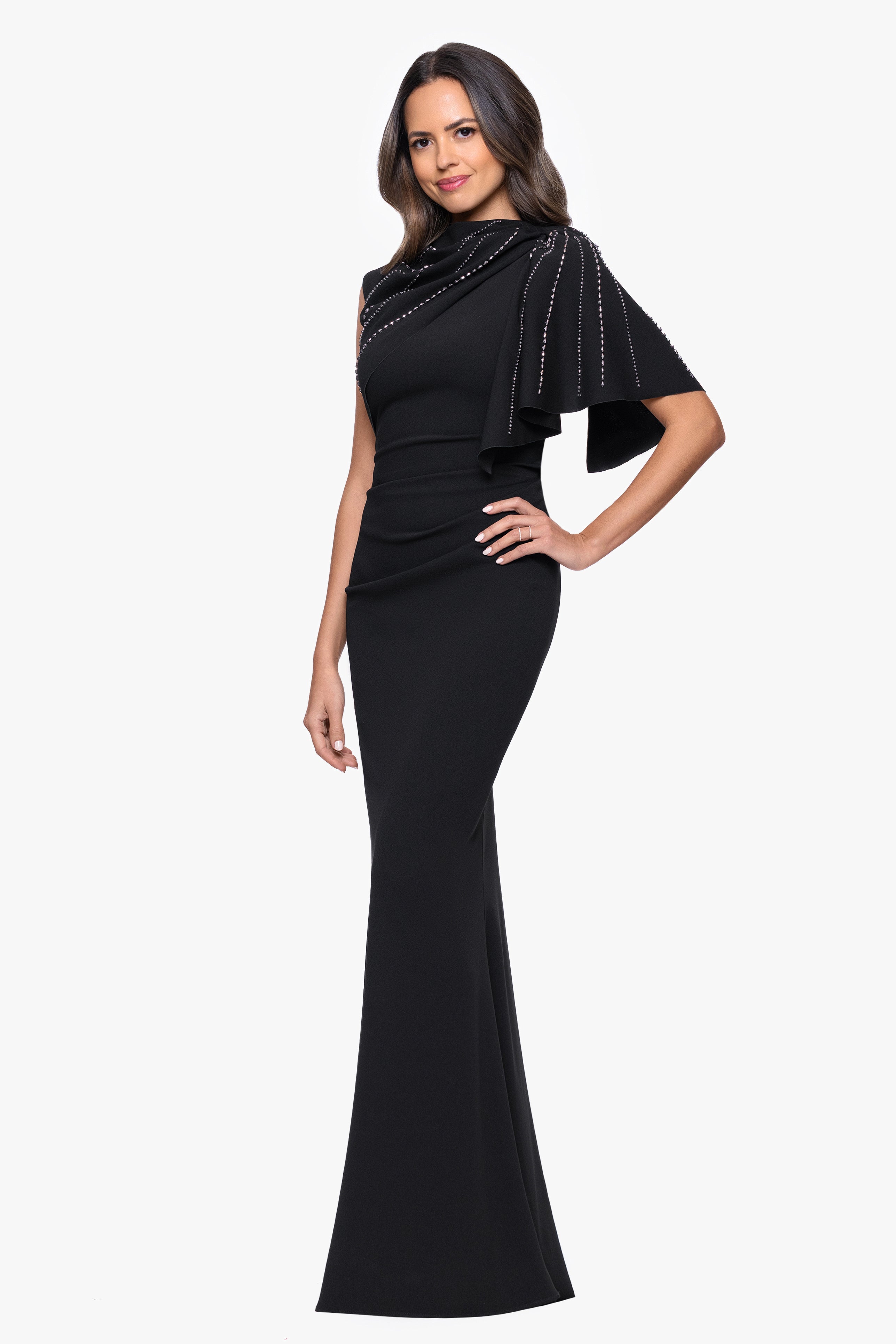 "Persephone" Scuba Crepe  Embellished Sashed Floor Length Dress