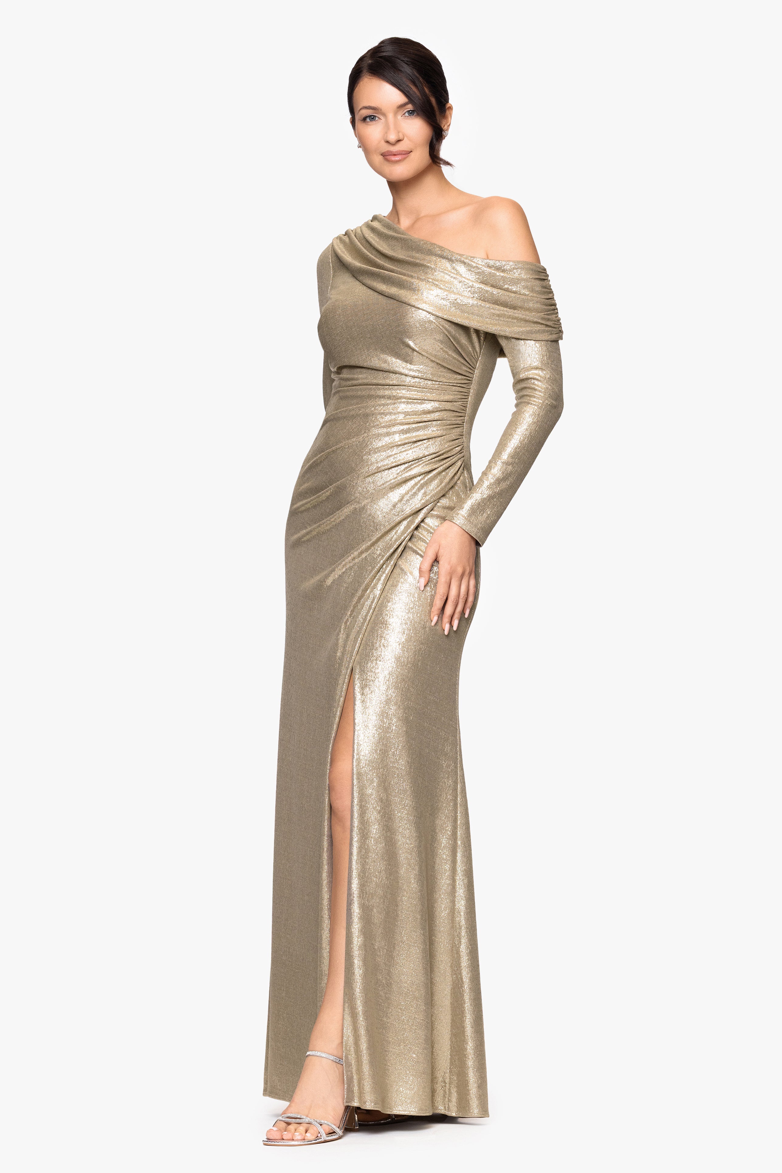 "Lola" Metallic Drop Shoulder Long Sleeve Floor Length Dress