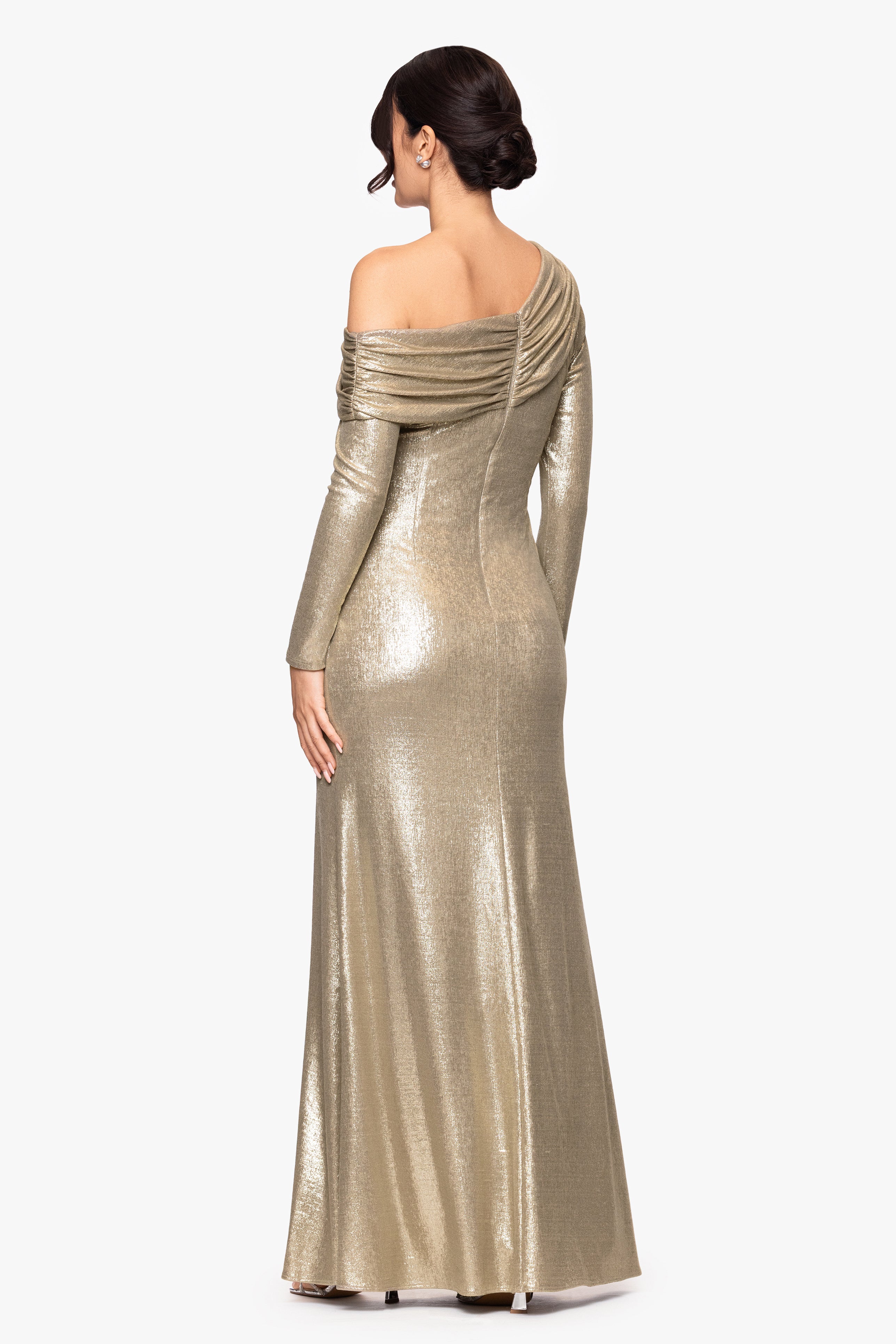 "Lola" Metallic Drop Shoulder Long Sleeve Floor Length Dress