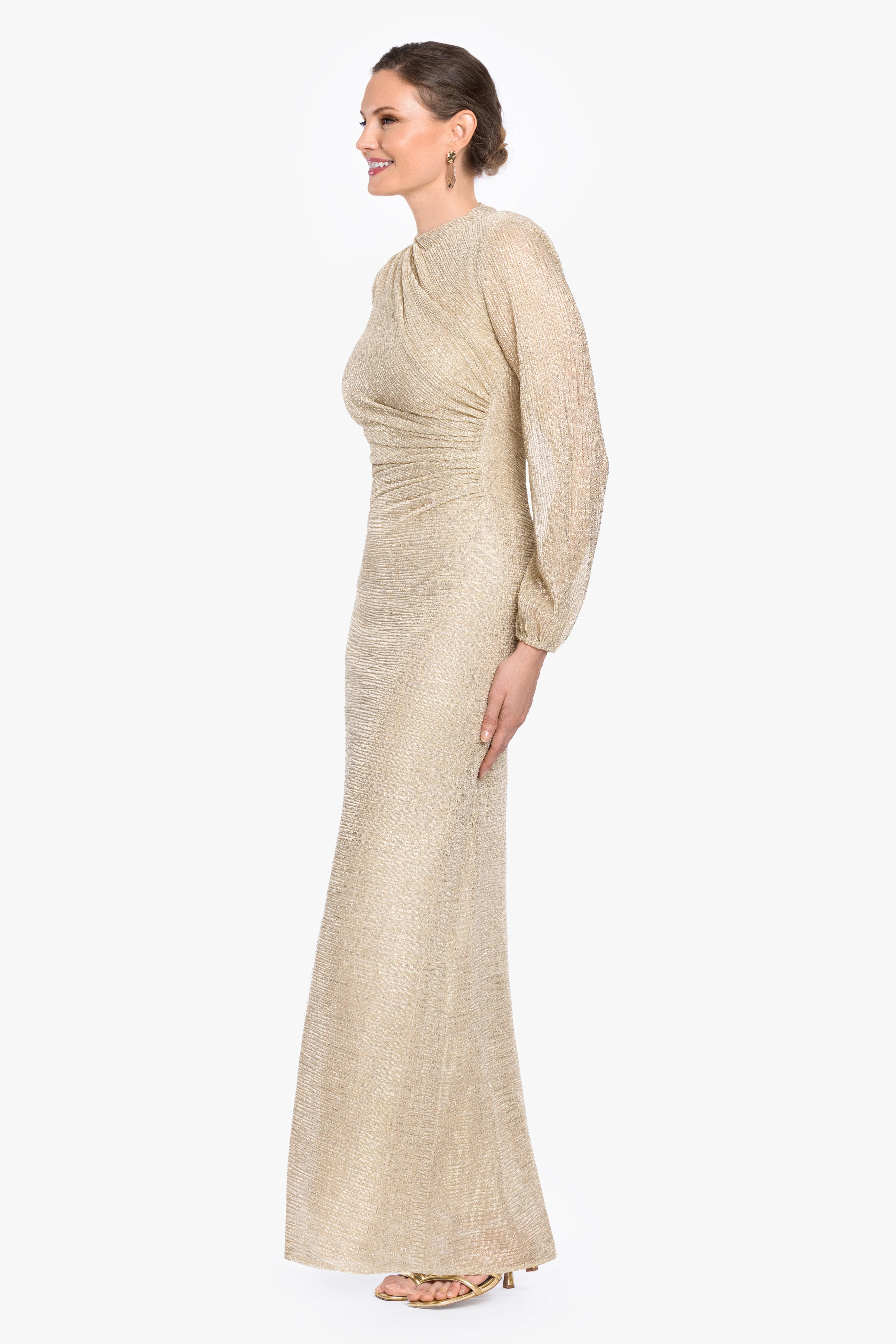 Petite "Jayline" Crinkle Metallic Long Sleeve Floor Length Dress