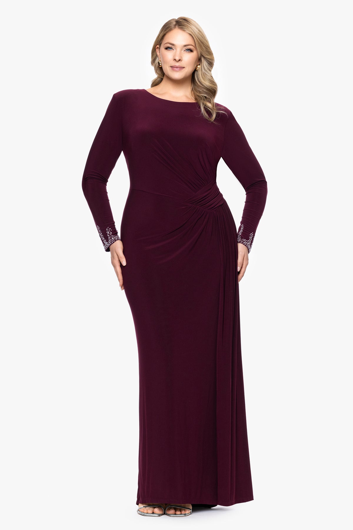 Plus "Kenley" Jersey Knit Long Sleeve Beaded Cuff Dress