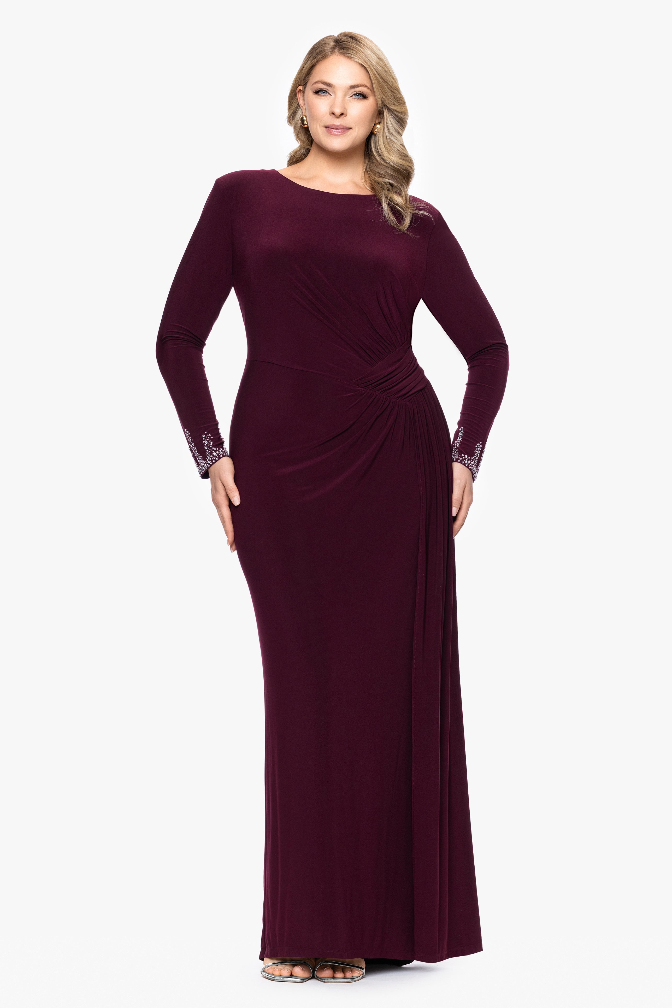 Plus "Kenley" Jersey Knit Long Sleeve Beaded Cuff Dress