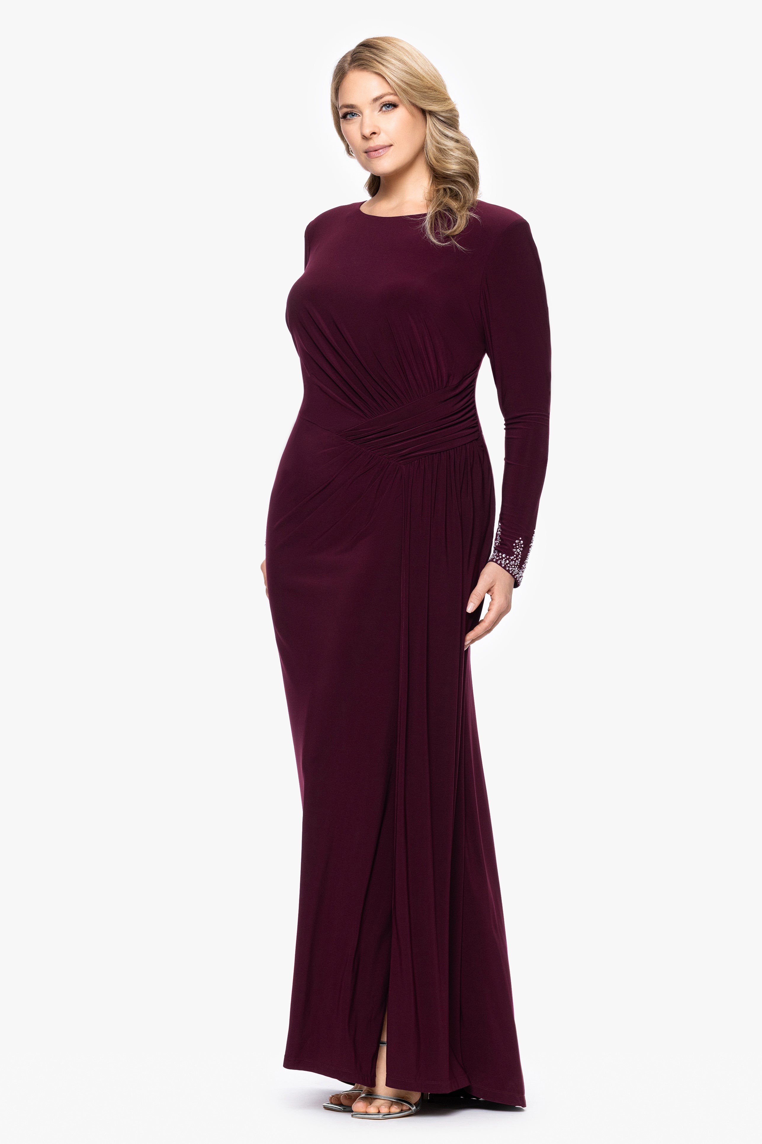 Plus "Kenley" Jersey Knit Long Sleeve Beaded Cuff Dress