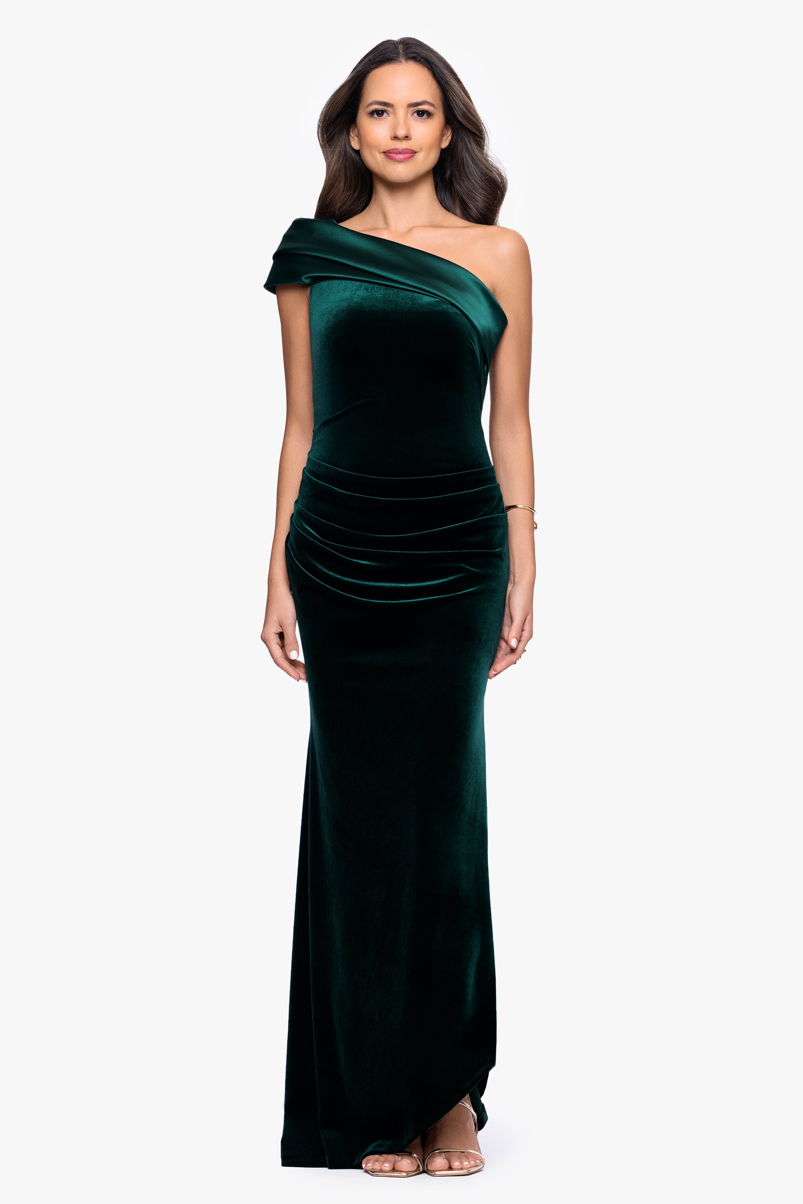 "Joyce" Velvet Drop Shoulder Satin Banded Neckline Floor Length Dress