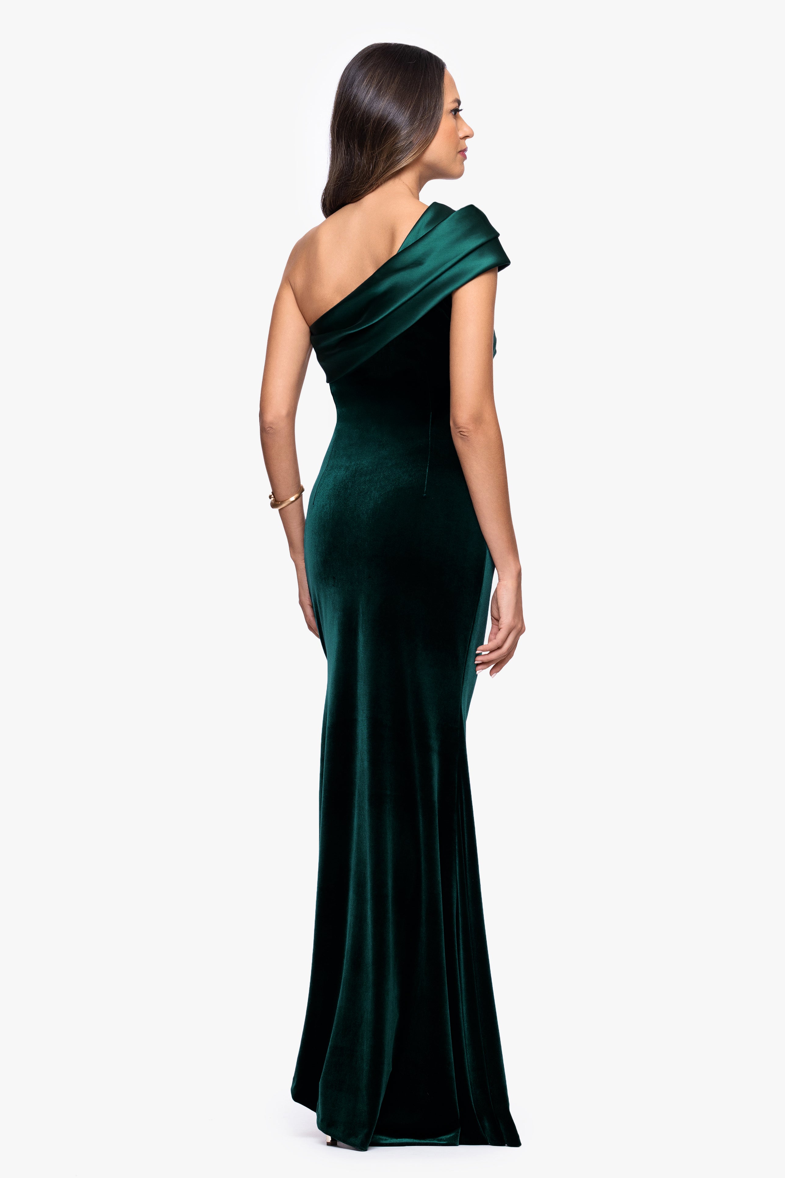 "Joyce" Velvet Drop Shoulder Satin Banded Neckline Floor Length Dress