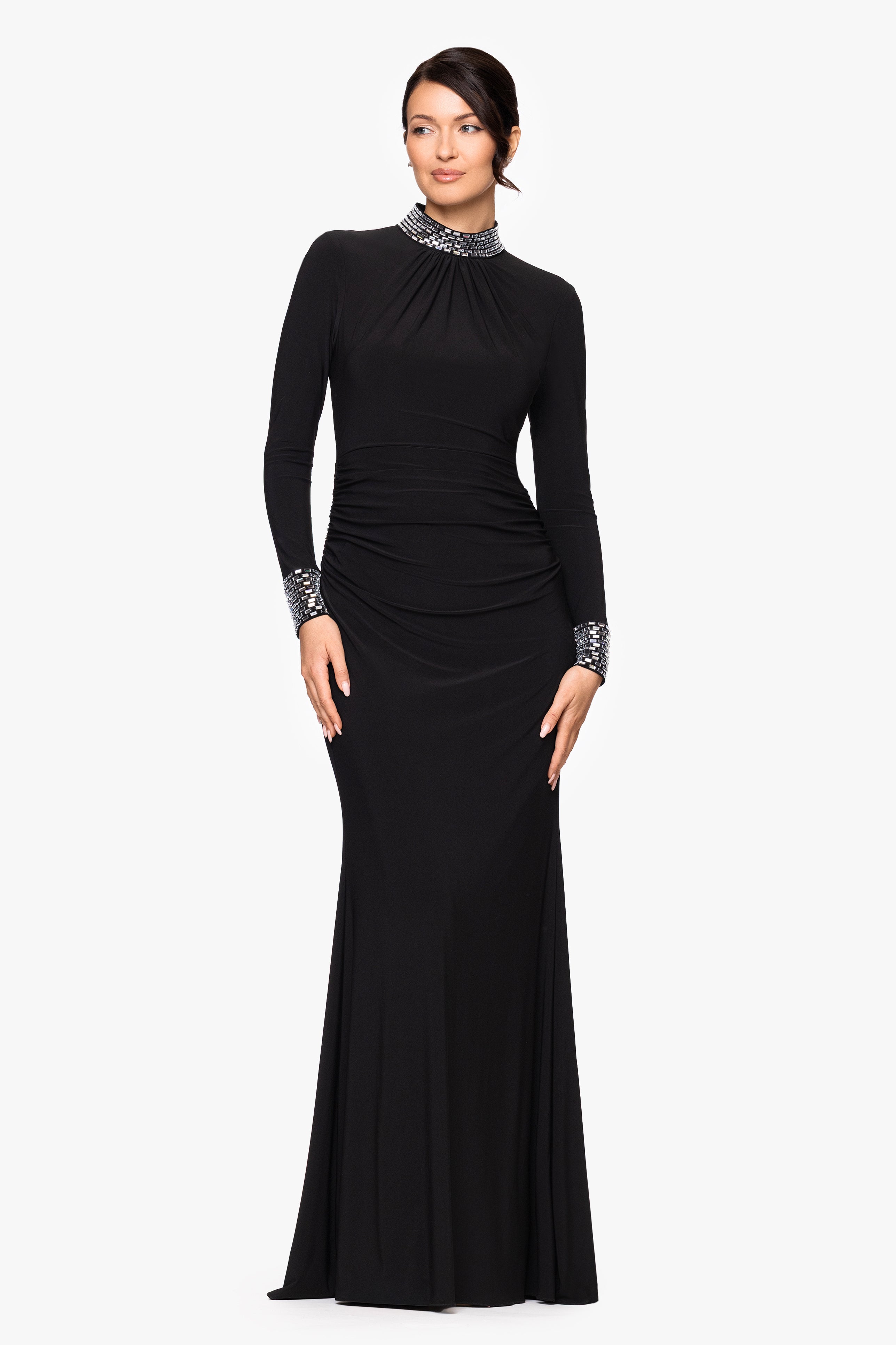 Petite "Imani" Jersey Knit Long Sleeve Beaded Mock Neck Floor Length Dress