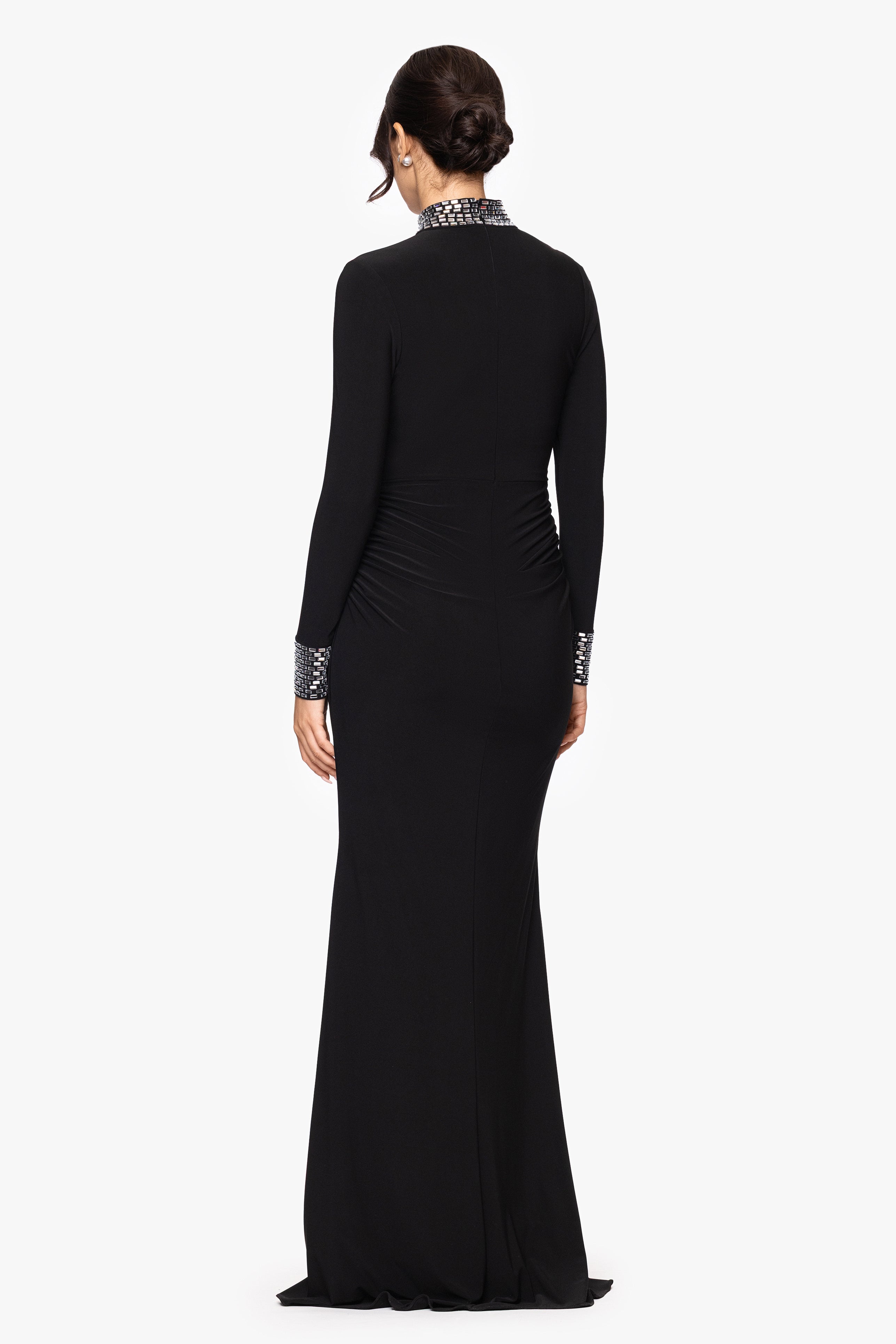 "Imani" Jersey Knit Long Sleeve Beaded Mock Neck Floor Length Dress