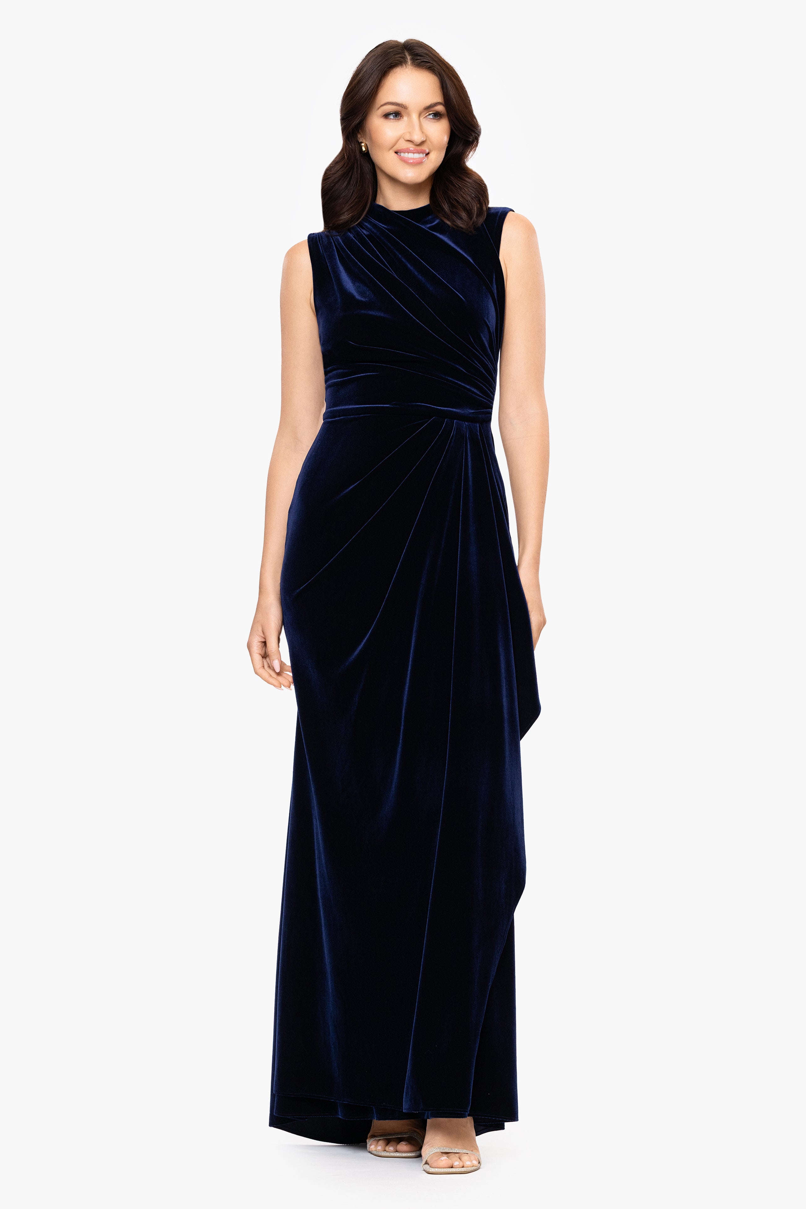 "Fran" Velvet Side Rouched Drape High Neck Floor Length Dress