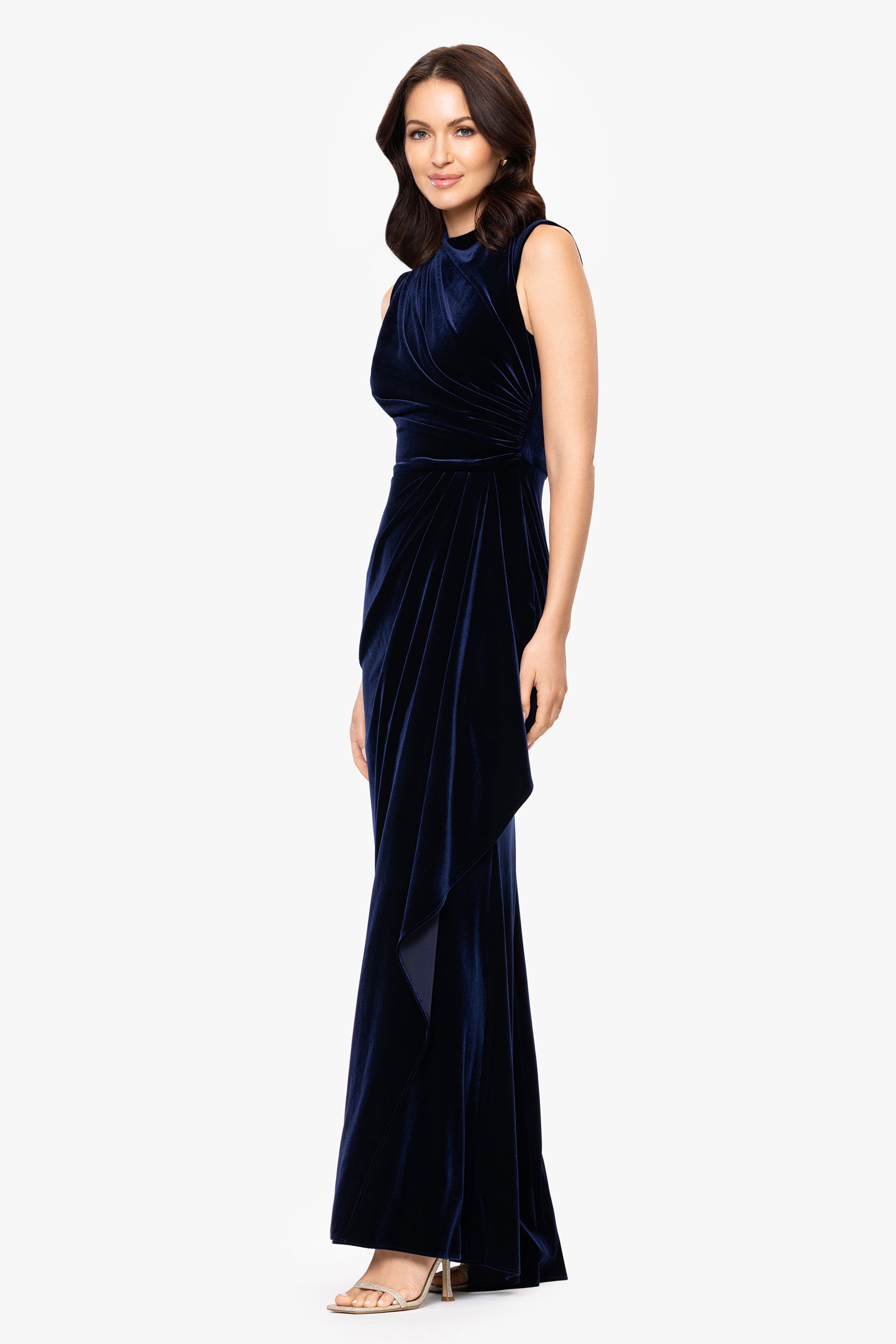 "Fran" Velvet Side Rouched Drape High Neck Floor Length Dress