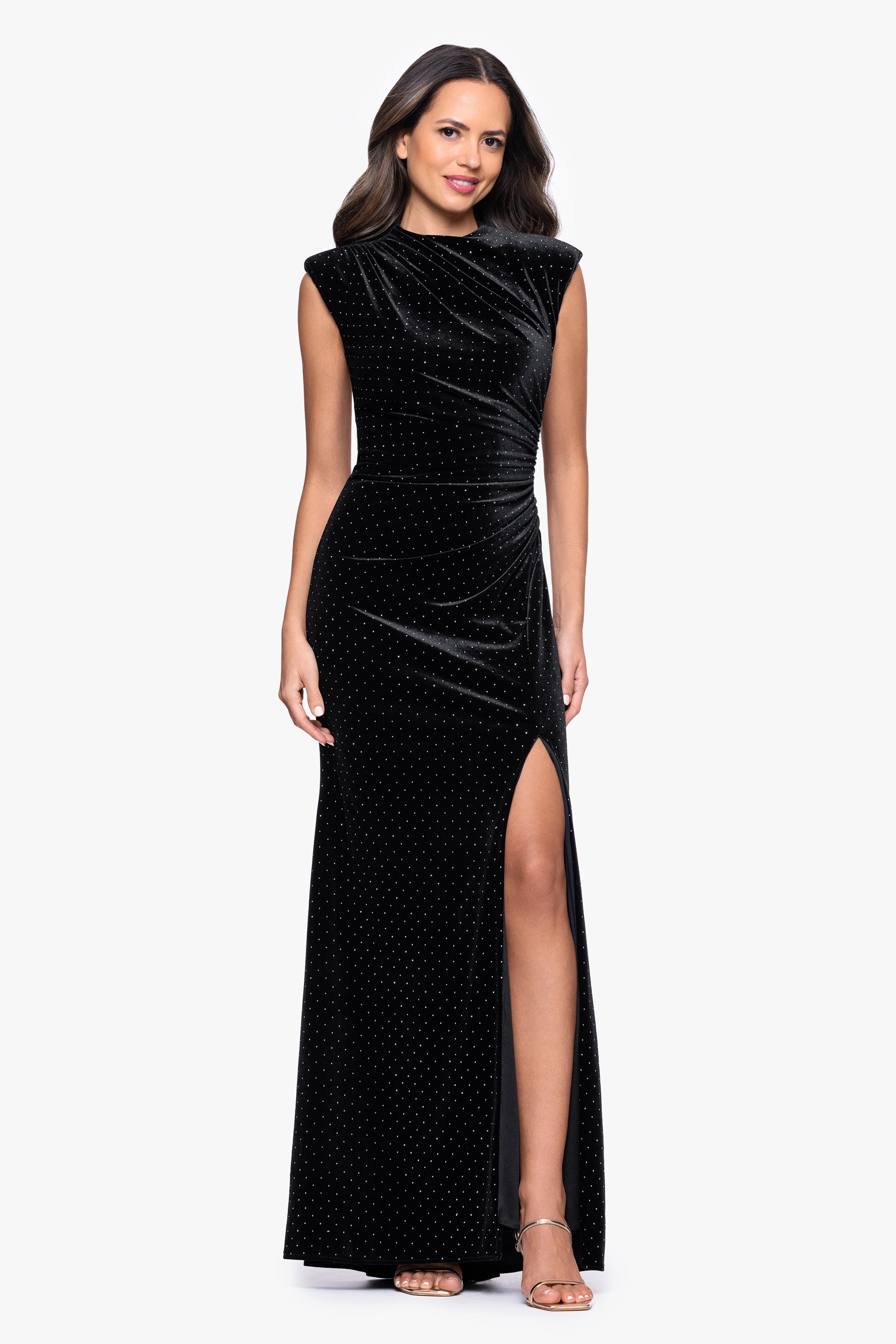 Petite "Andrea" Studded Velvet Slit Dress
