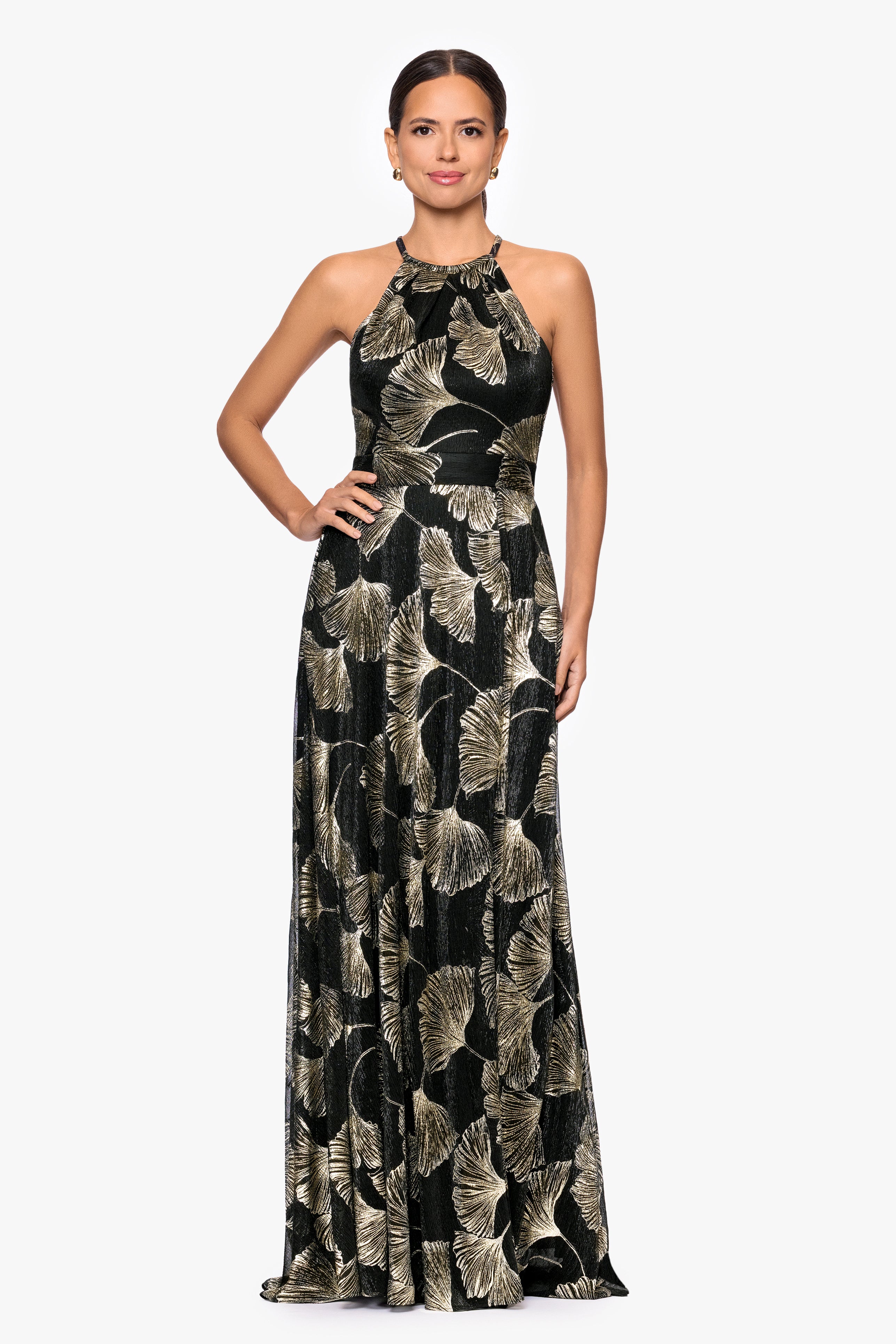 "Jenny" Metallic Printed Halter Neck Floor Length Dress