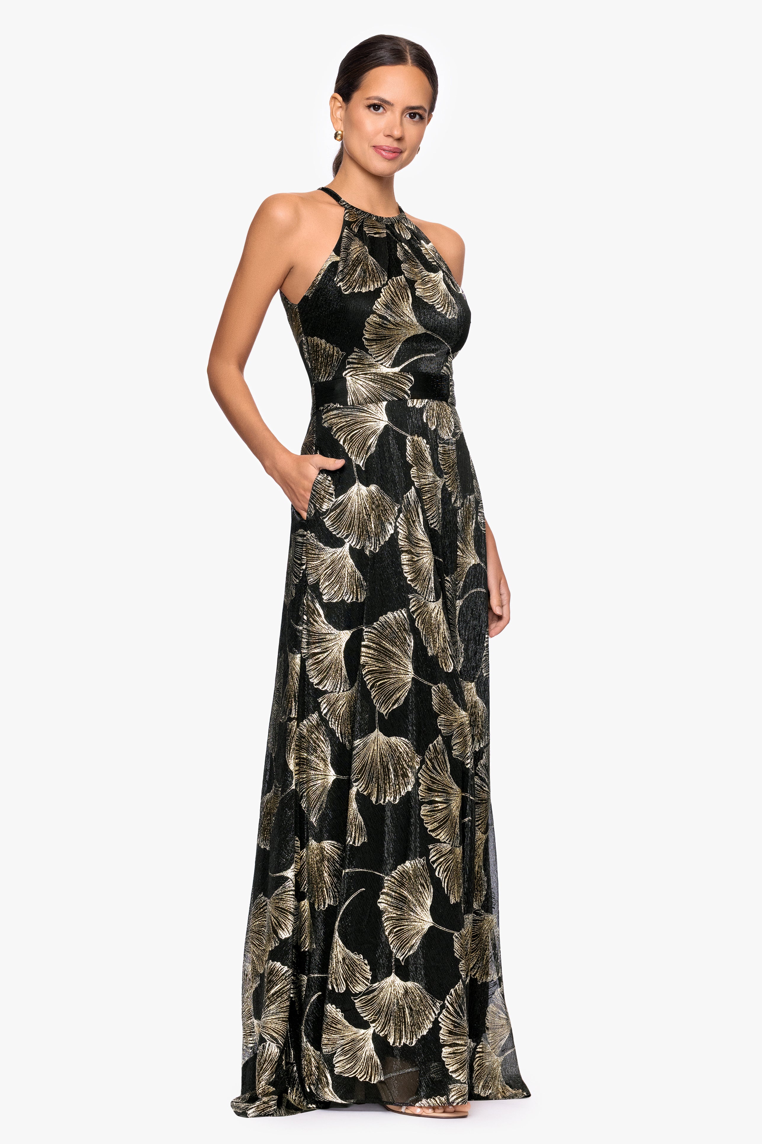 "Jenny" Metallic Printed Halter Neck Floor Length Dress