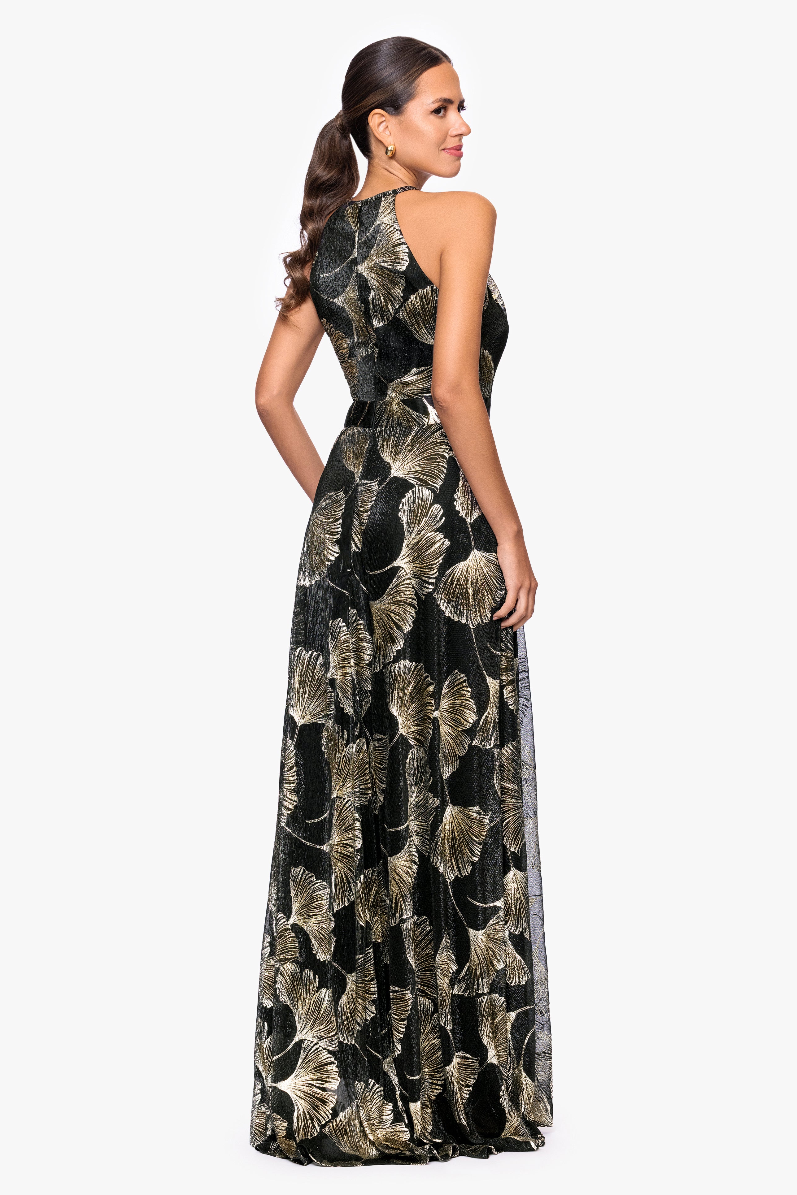 "Jenny" Metallic Printed Halter Neck Floor Length Dress