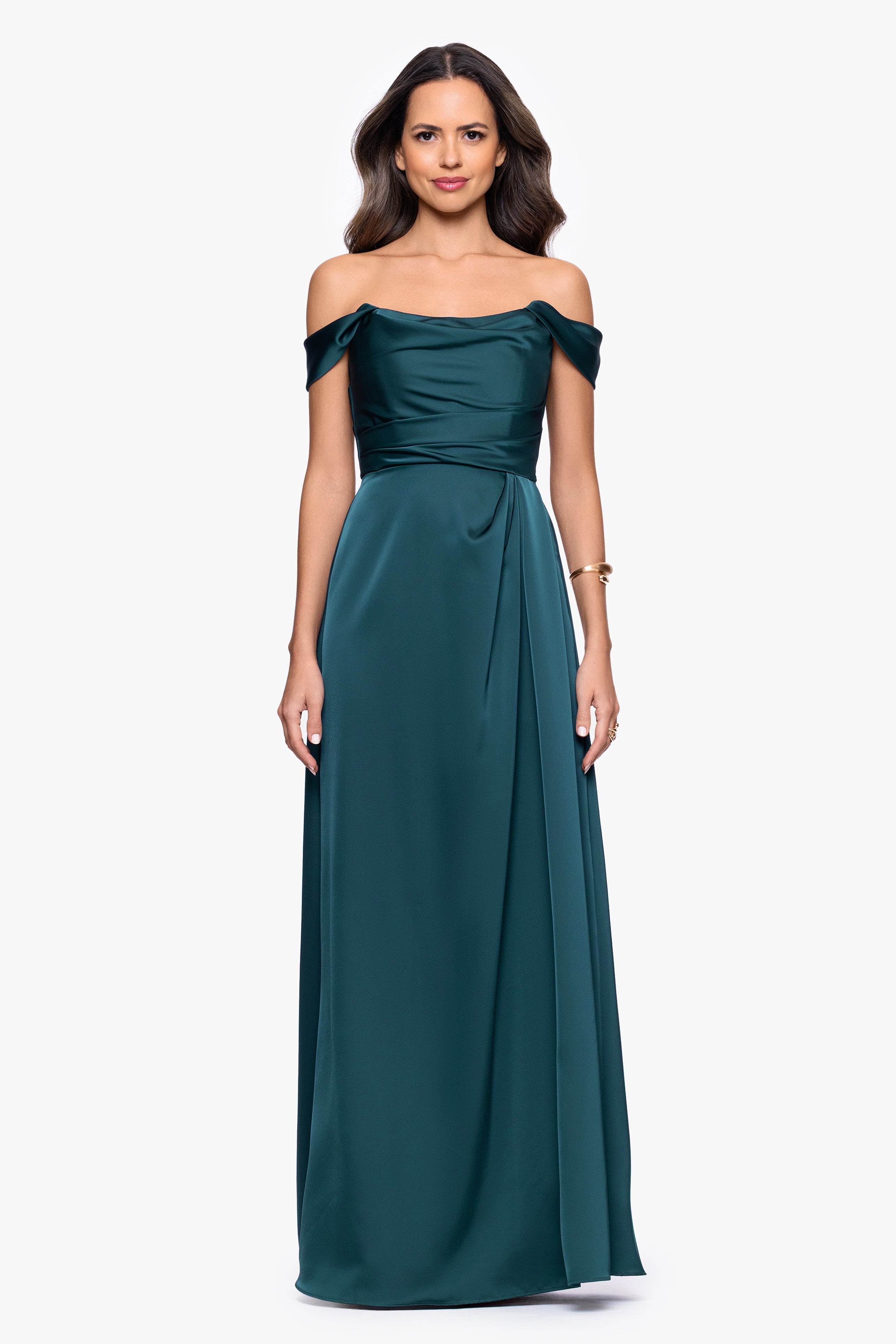 "Heather" Satin Off the Shoulder Floor Length Dress
