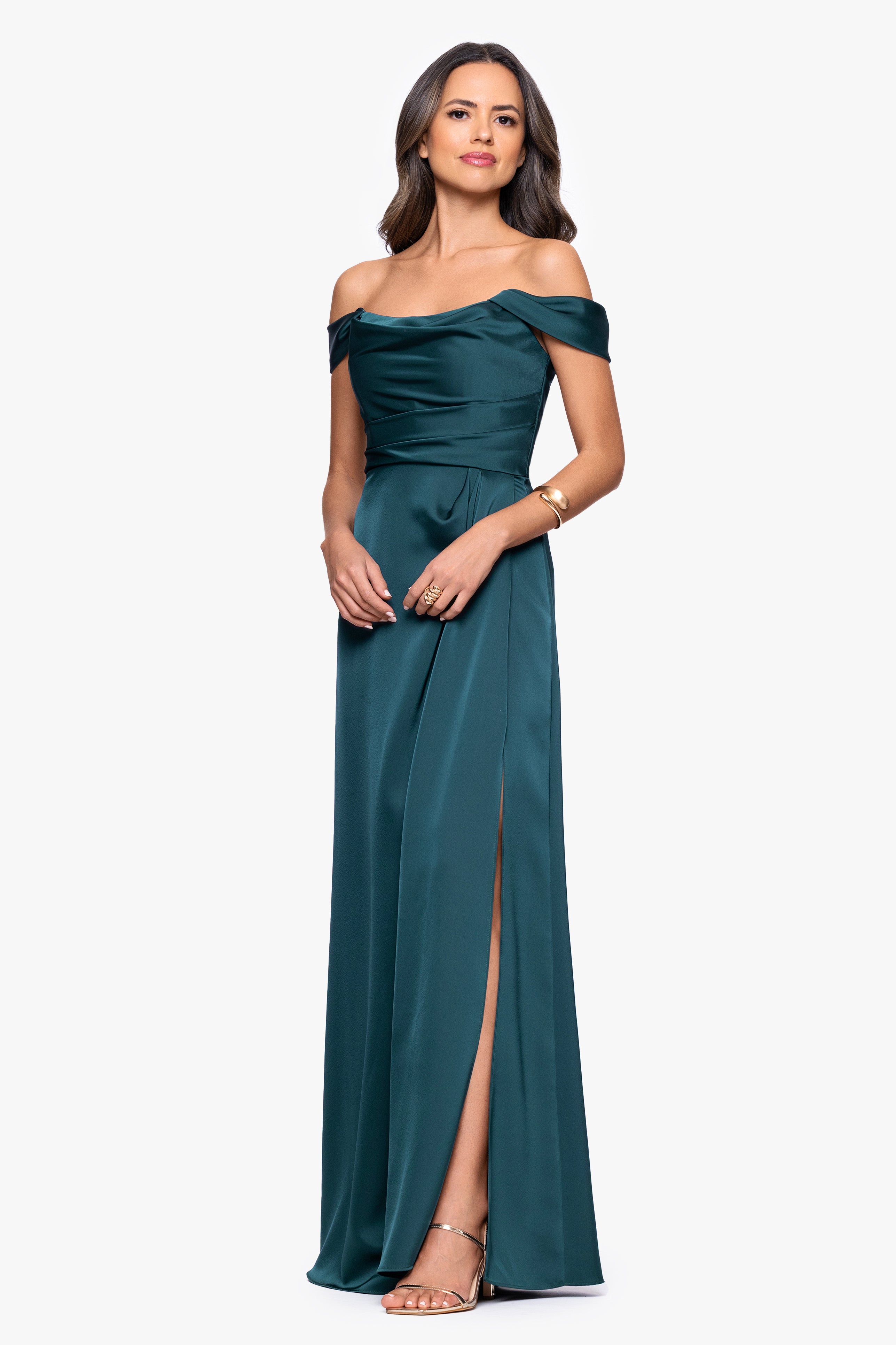 "Heather" Satin Off the Shoulder Floor Length Dress