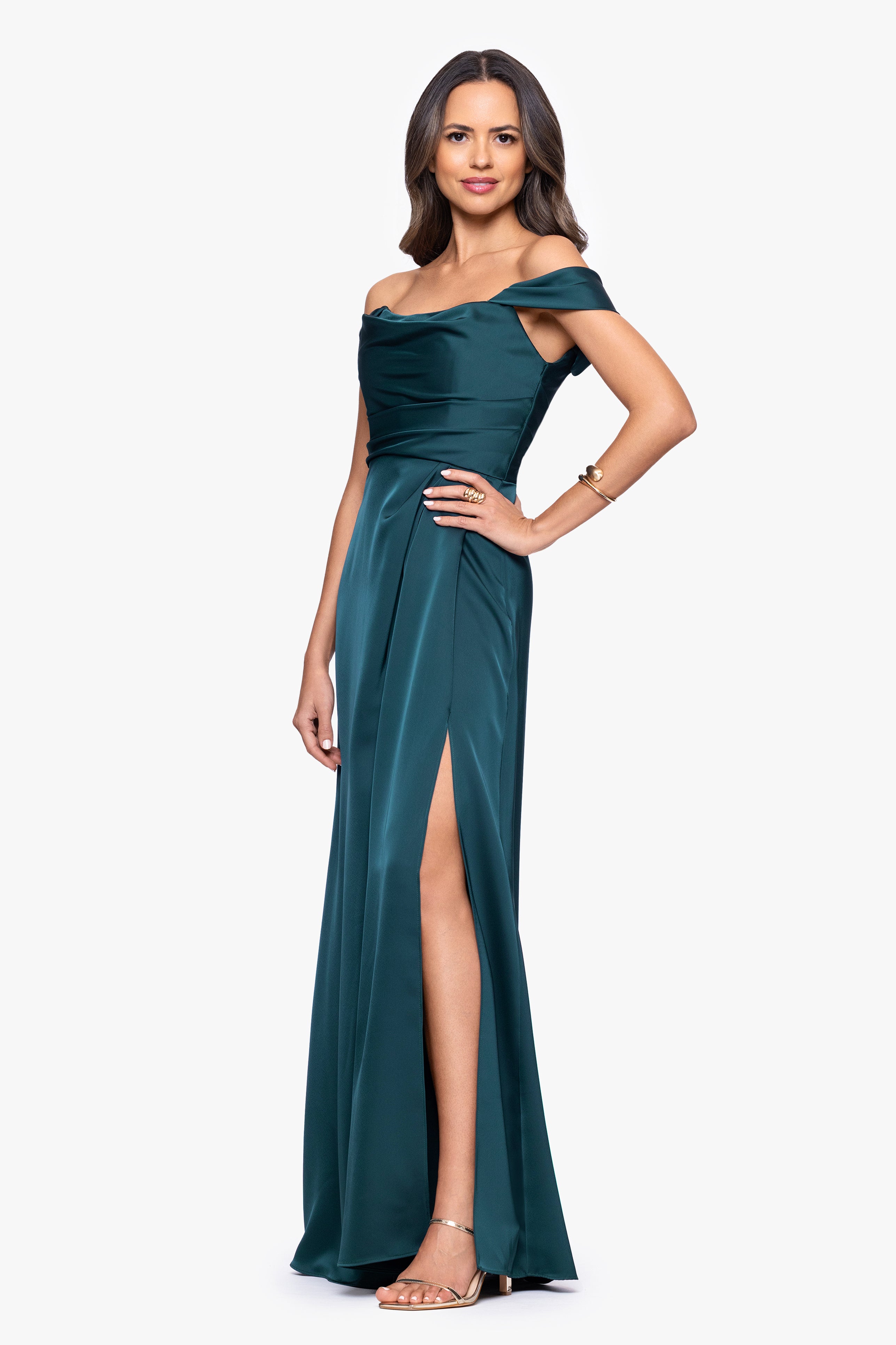 "Heather" Satin Off the Shoulder Floor Length Dress