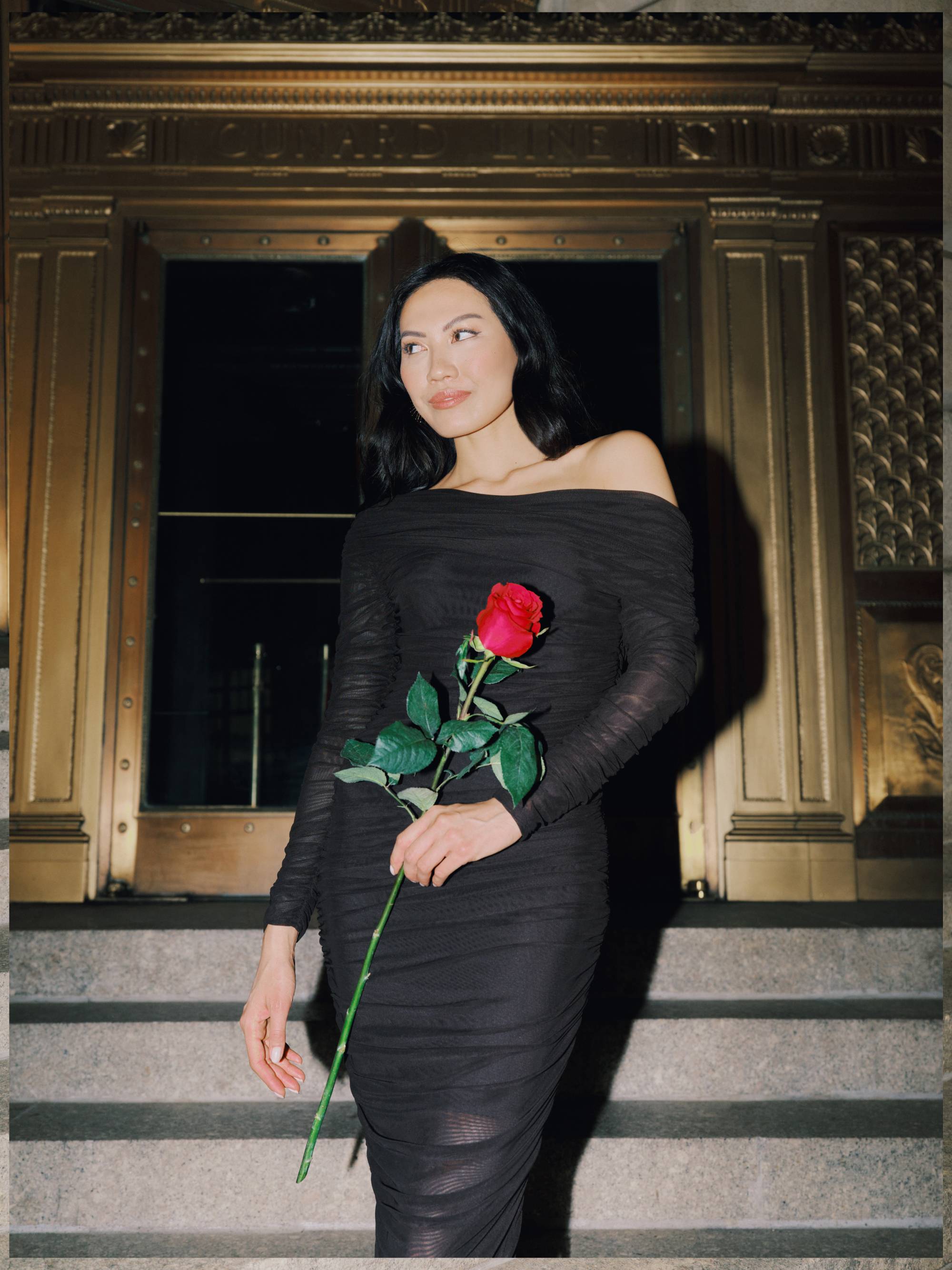 "Hannah" Mesh Rouching Drop Shoulder Long Sleeve Dress