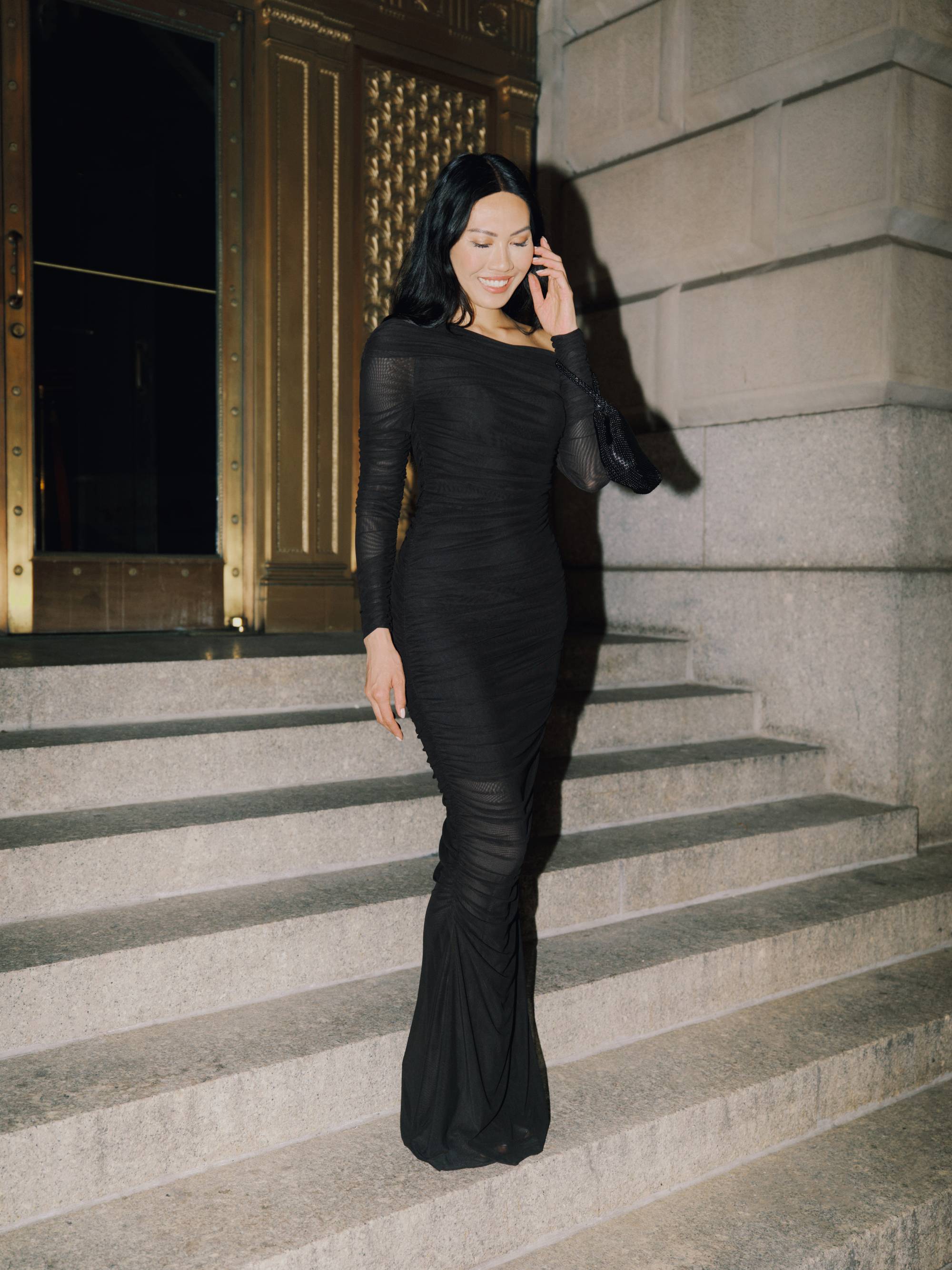 "Hannah" Mesh Rouching Drop Shoulder Long Sleeve Dress