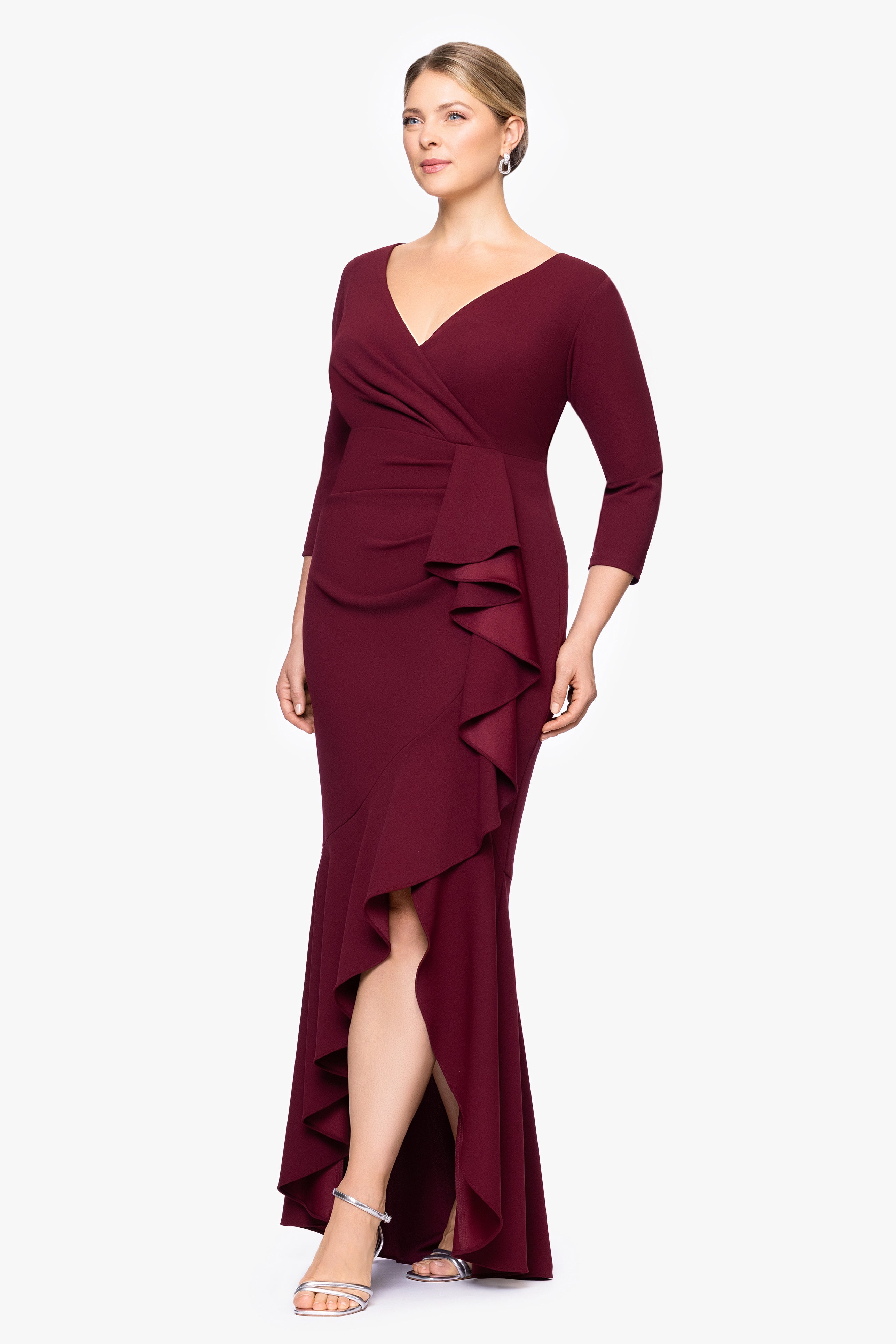 Plus "Pauline" Scuba Crepe 3/4 Sleeve Ruffle Floor Length Dress