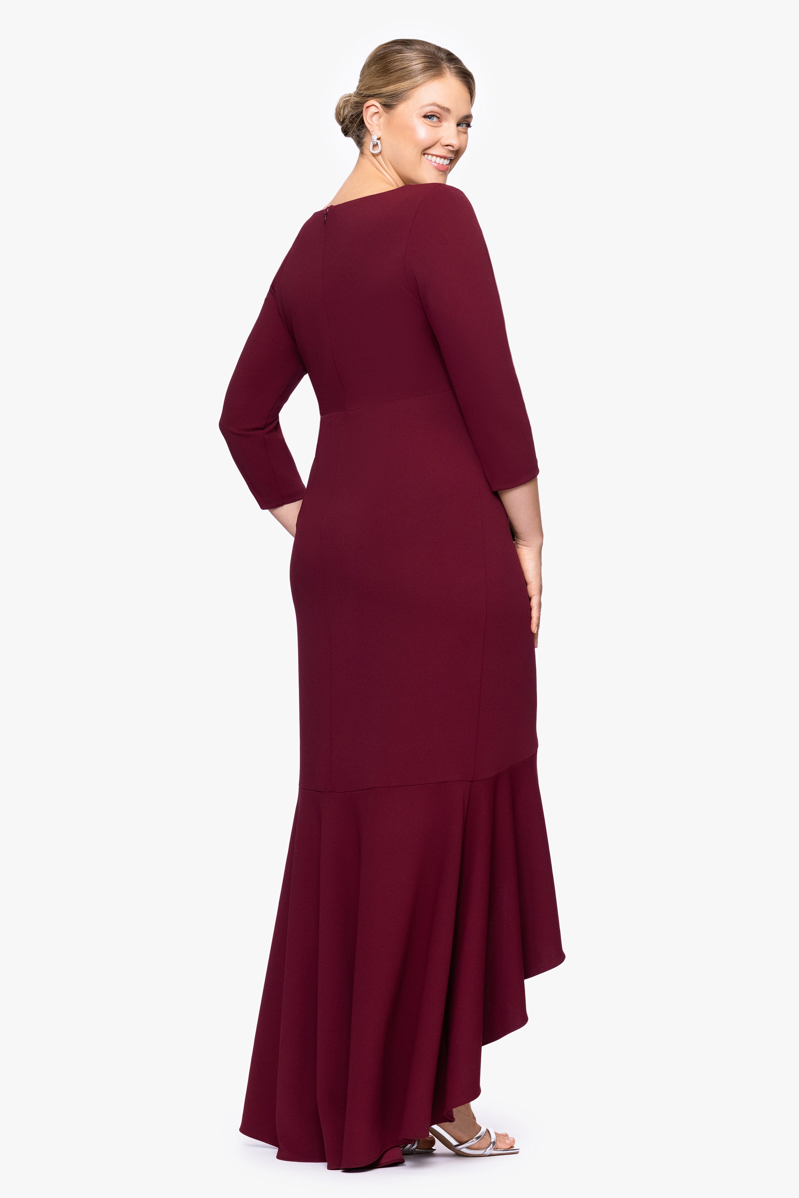Plus "Pauline" Scuba Crepe 3/4 Sleeve Ruffle Floor Length Dress