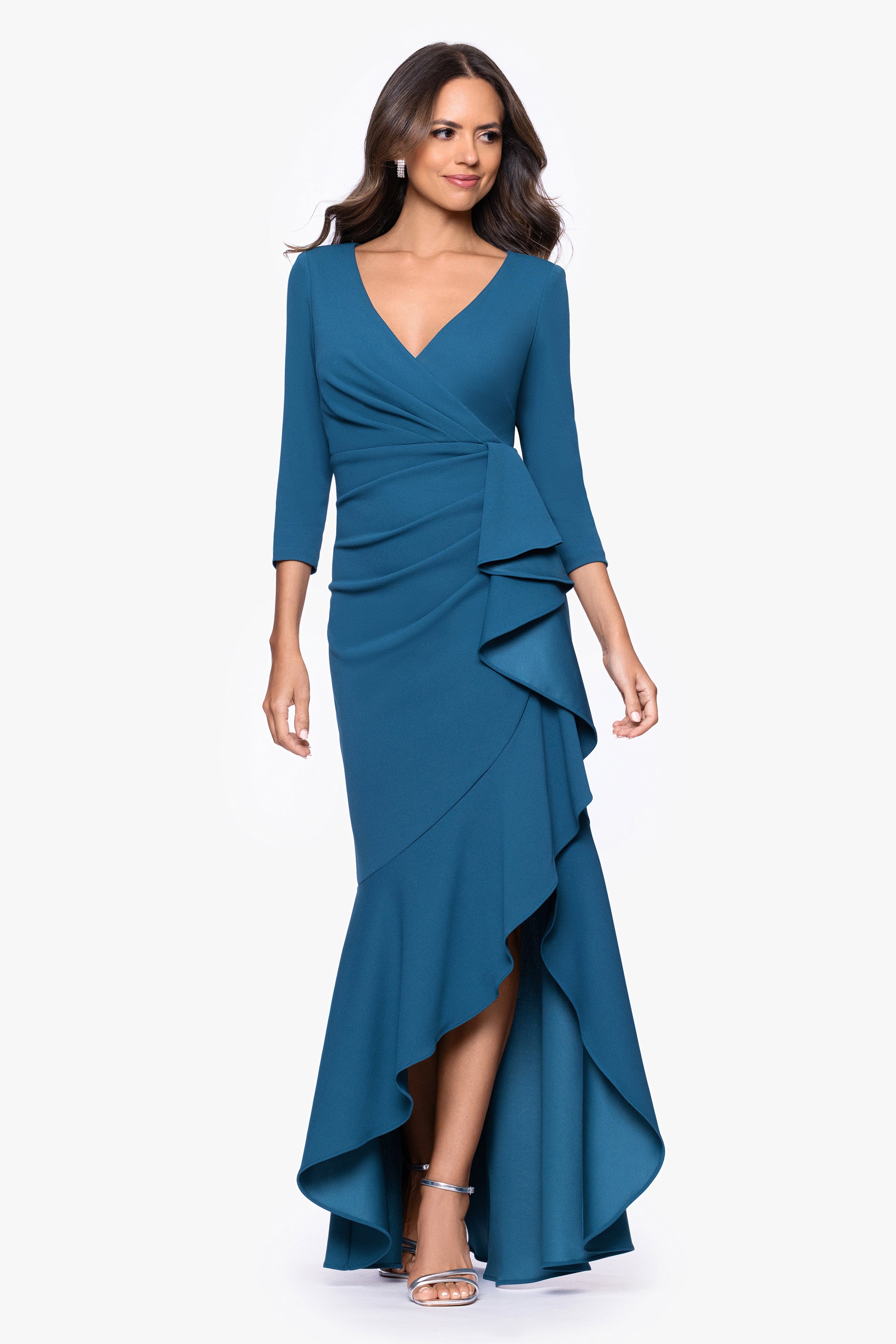 "Pauline" Scuba Crepe 3/4 Sleeve Ruffle Floor Length Dress