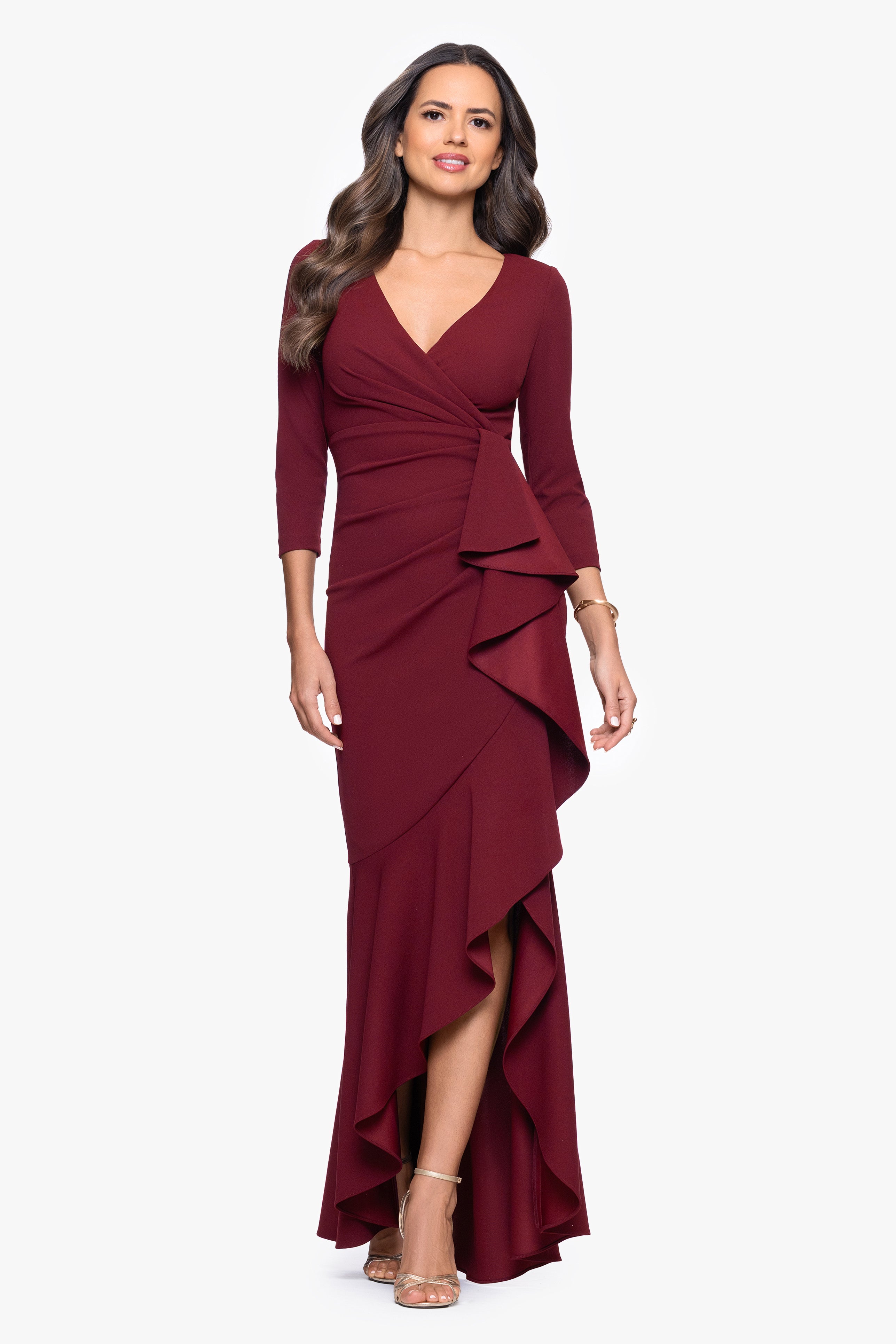 "Pauline" Scuba Crepe 3/4 Sleeve Ruffle Floor Length Dress
