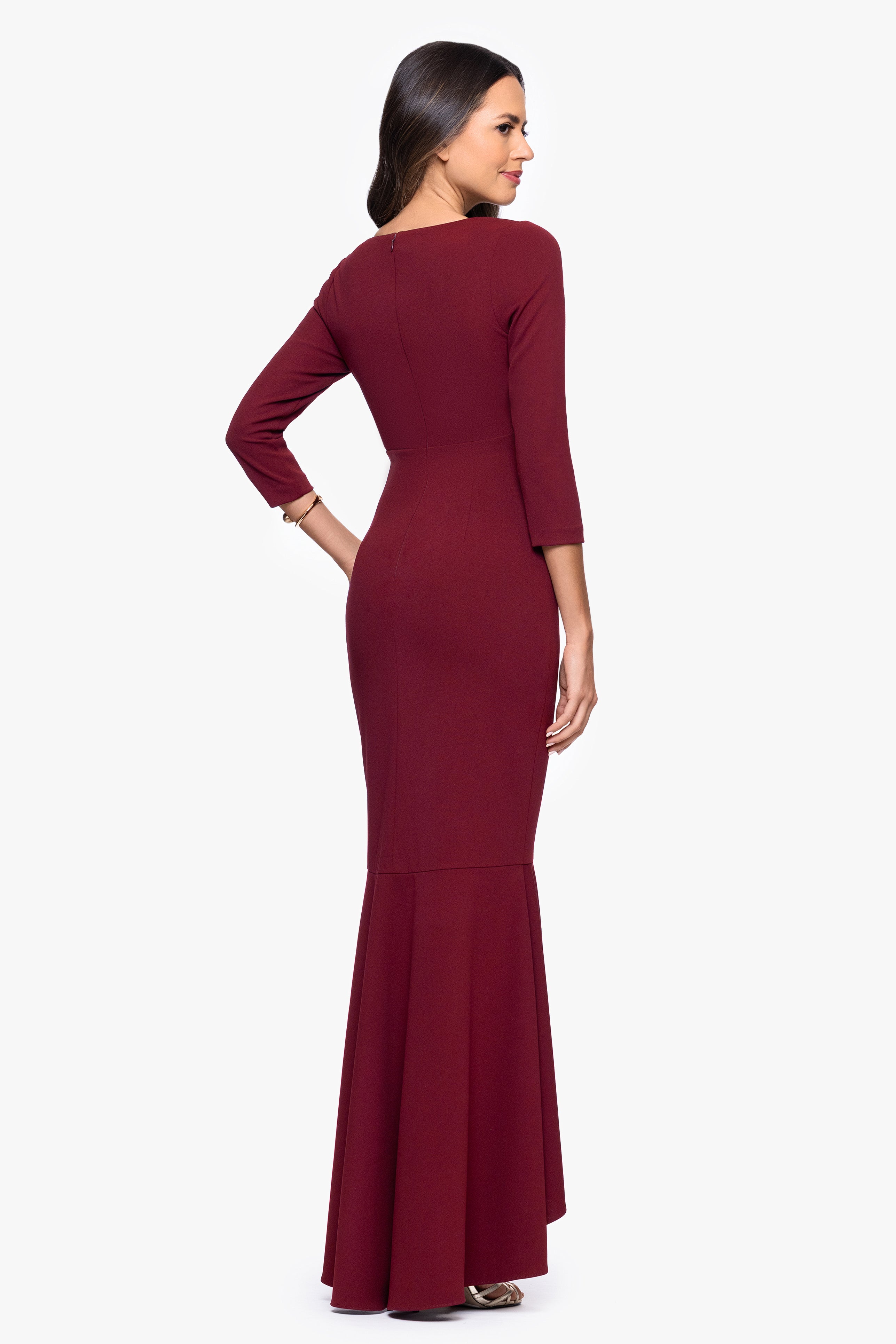 "Pauline" Scuba Crepe 3/4 Sleeve Ruffle Floor Length Dress