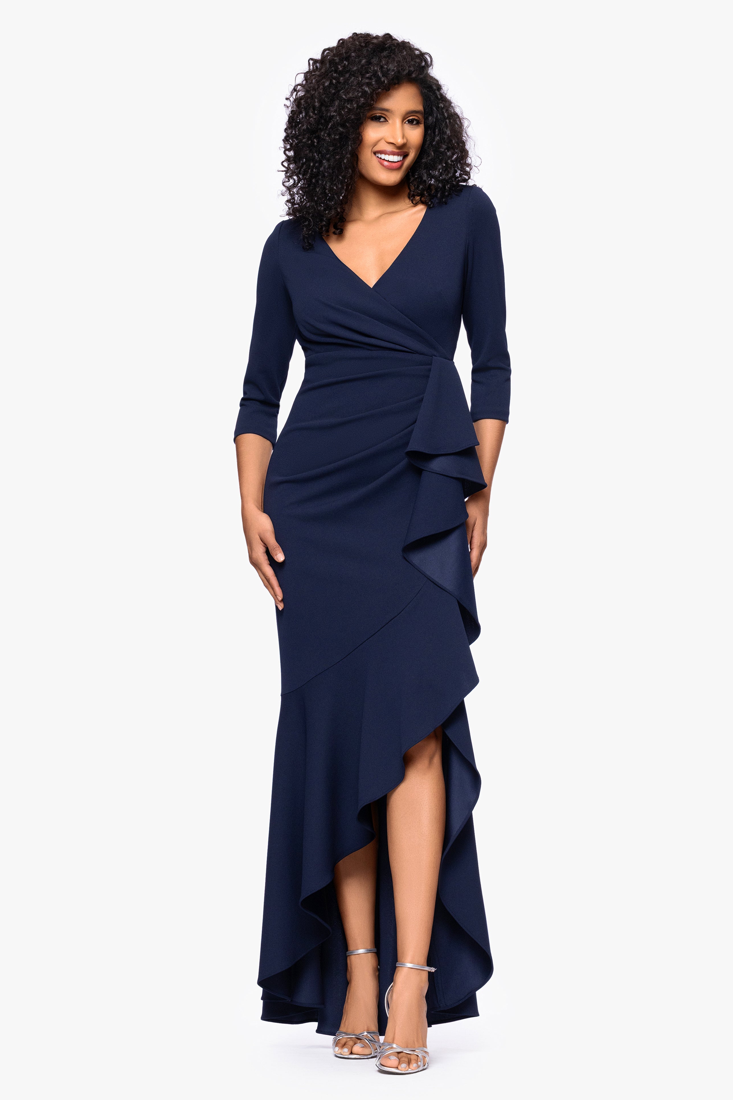 "Pauline" Scuba Crepe 3/4 Sleeve Ruffle Floor Length Dress