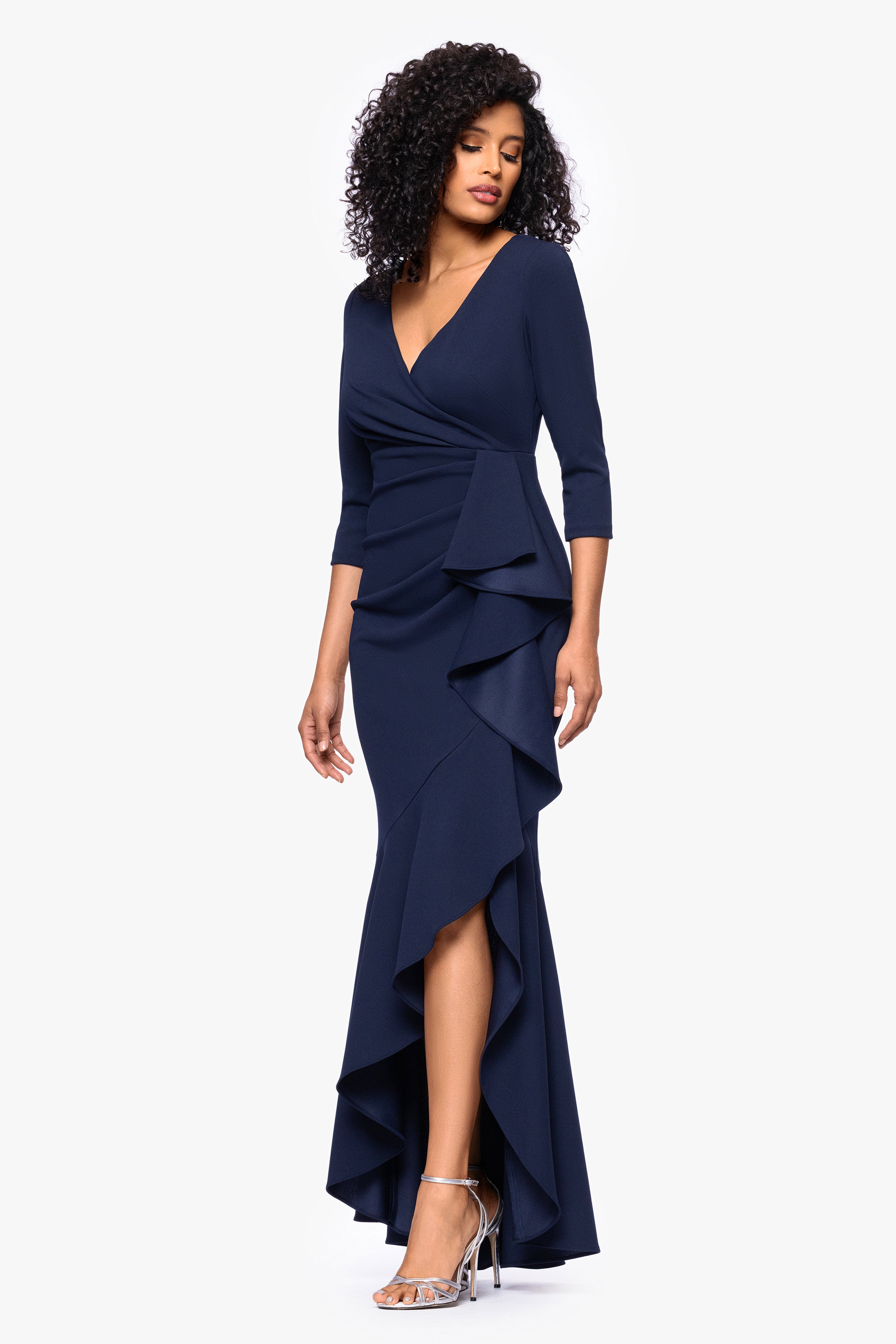"Pauline" Scuba Crepe 3/4 Sleeve Ruffle Floor Length Dress