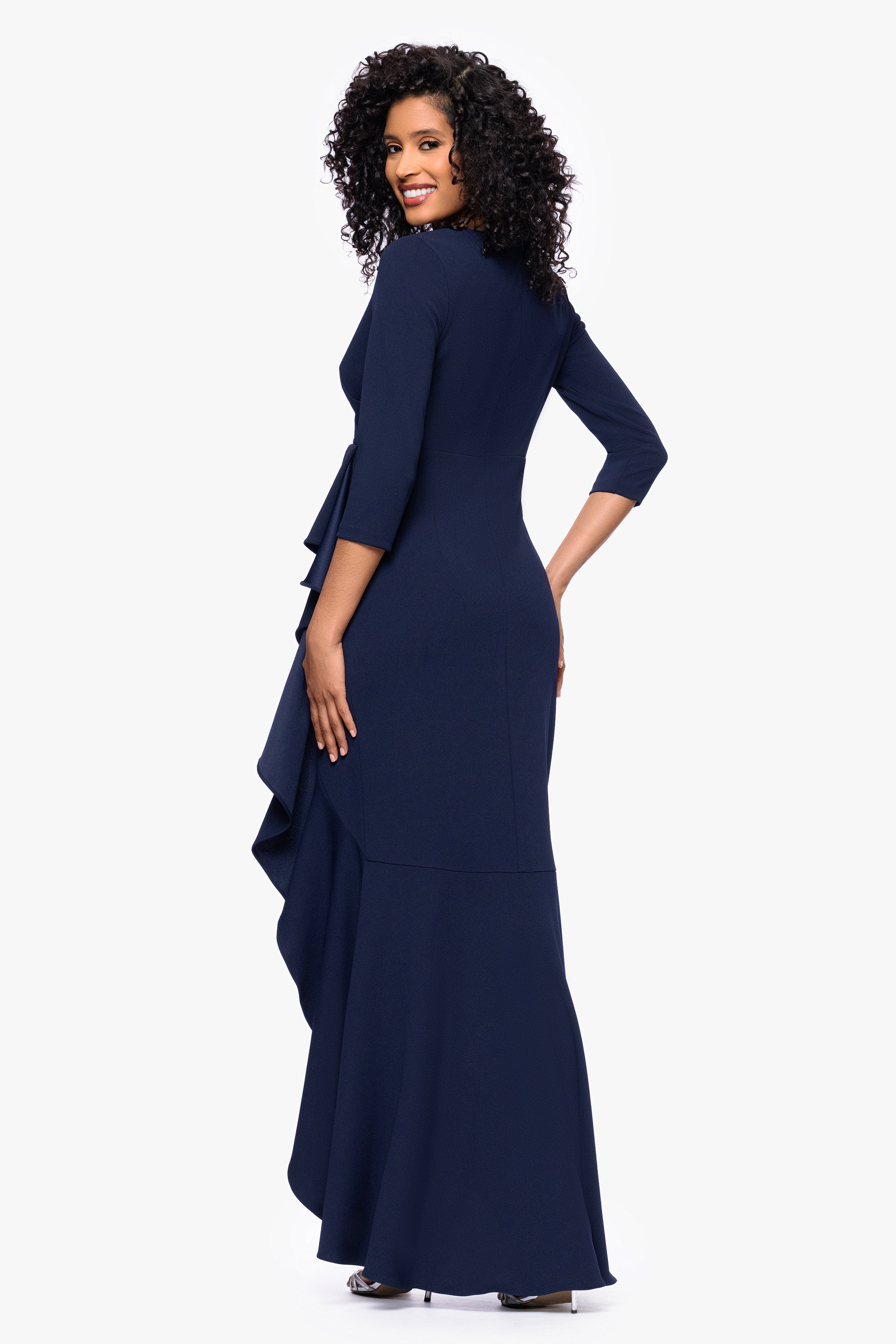 "Pauline" Scuba Crepe 3/4 Sleeve Ruffle Floor Length Dress