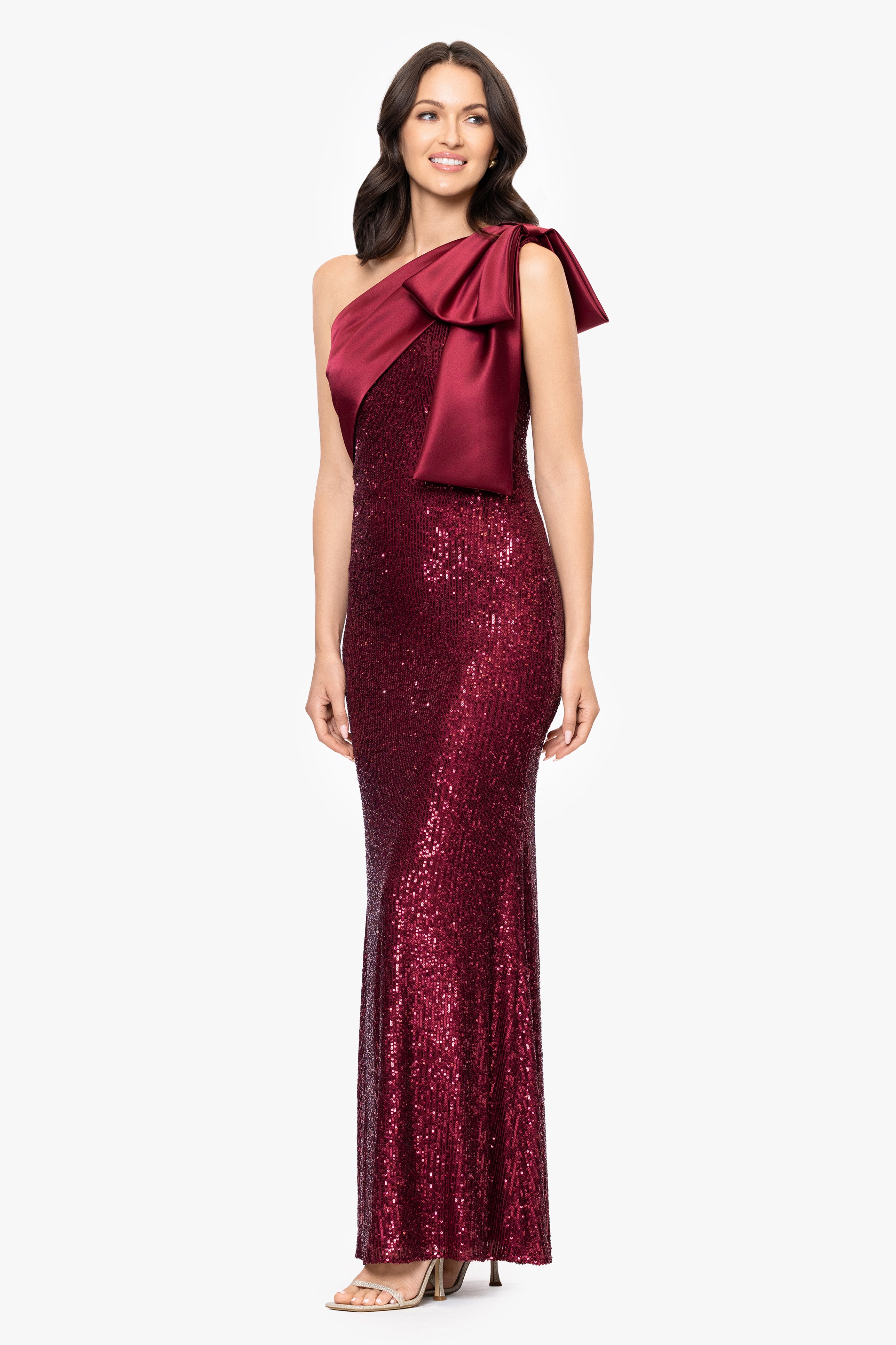 "Paulette" Long Sequin One Shoulder with Satin Bow Floor Length Dress