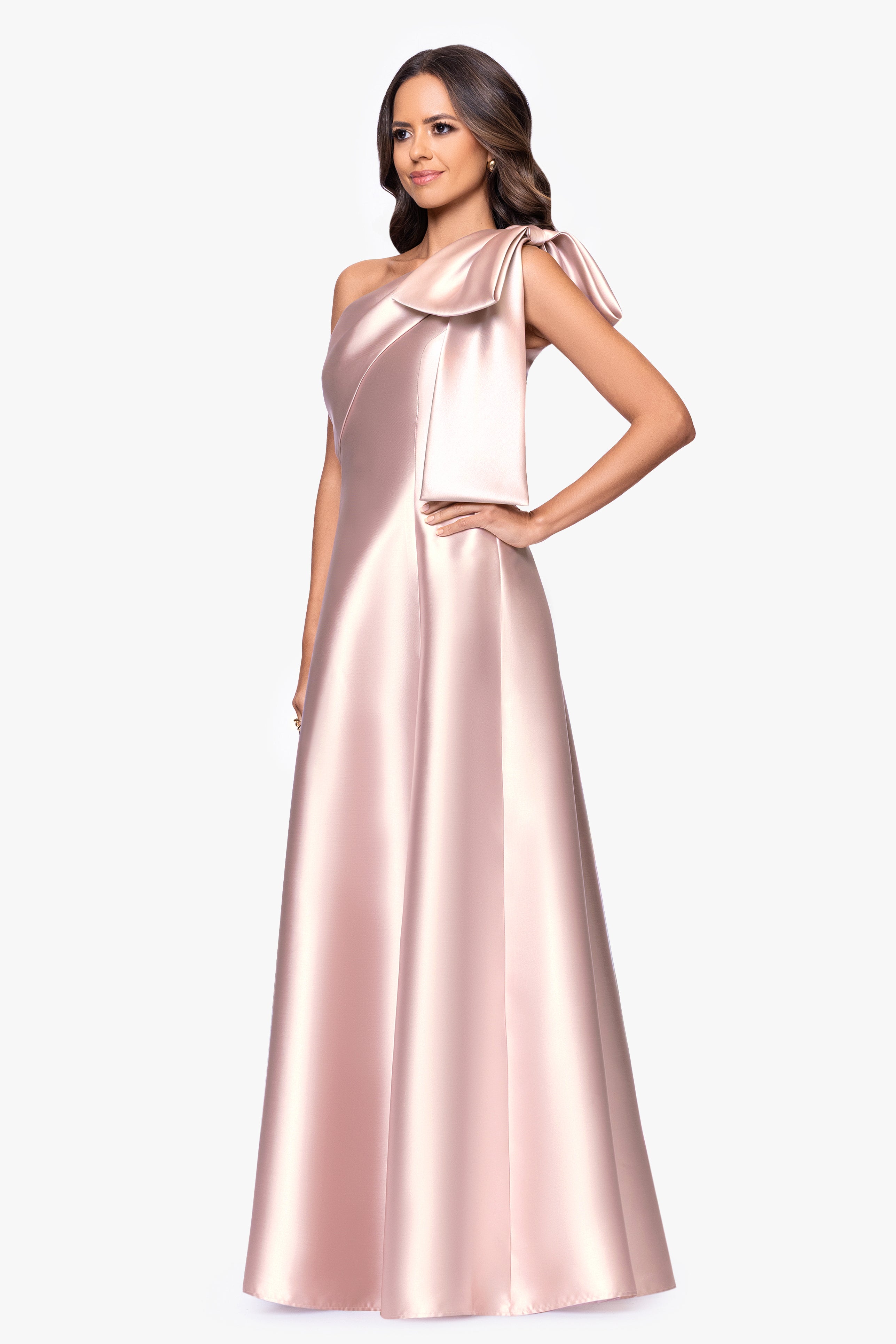 "Rachel" Mikado One Shoulder Bow A-Line Floor Length Dress